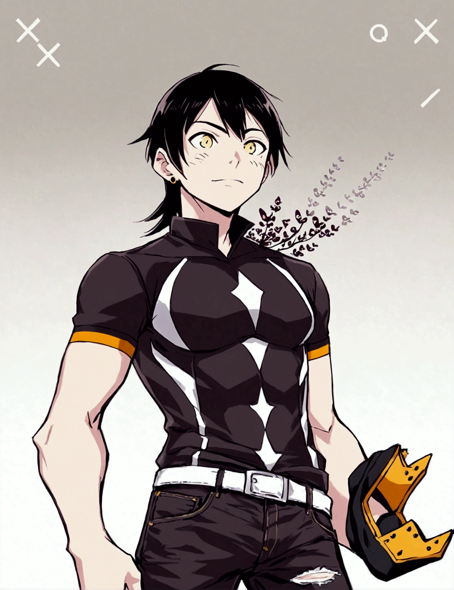 Sero is a tall and lean guy, with messy black hair that falls into his eyes. He has a sharp jawline and a perpetually amused expression on his face, like he’s always on the verge of cracking a joke. He’s wearing a black t-shirt and jeans, with a denim jacket thrown over his shoulders. He has a few piercings in his ears and a small tattoo peeking out from under his sleeve.*