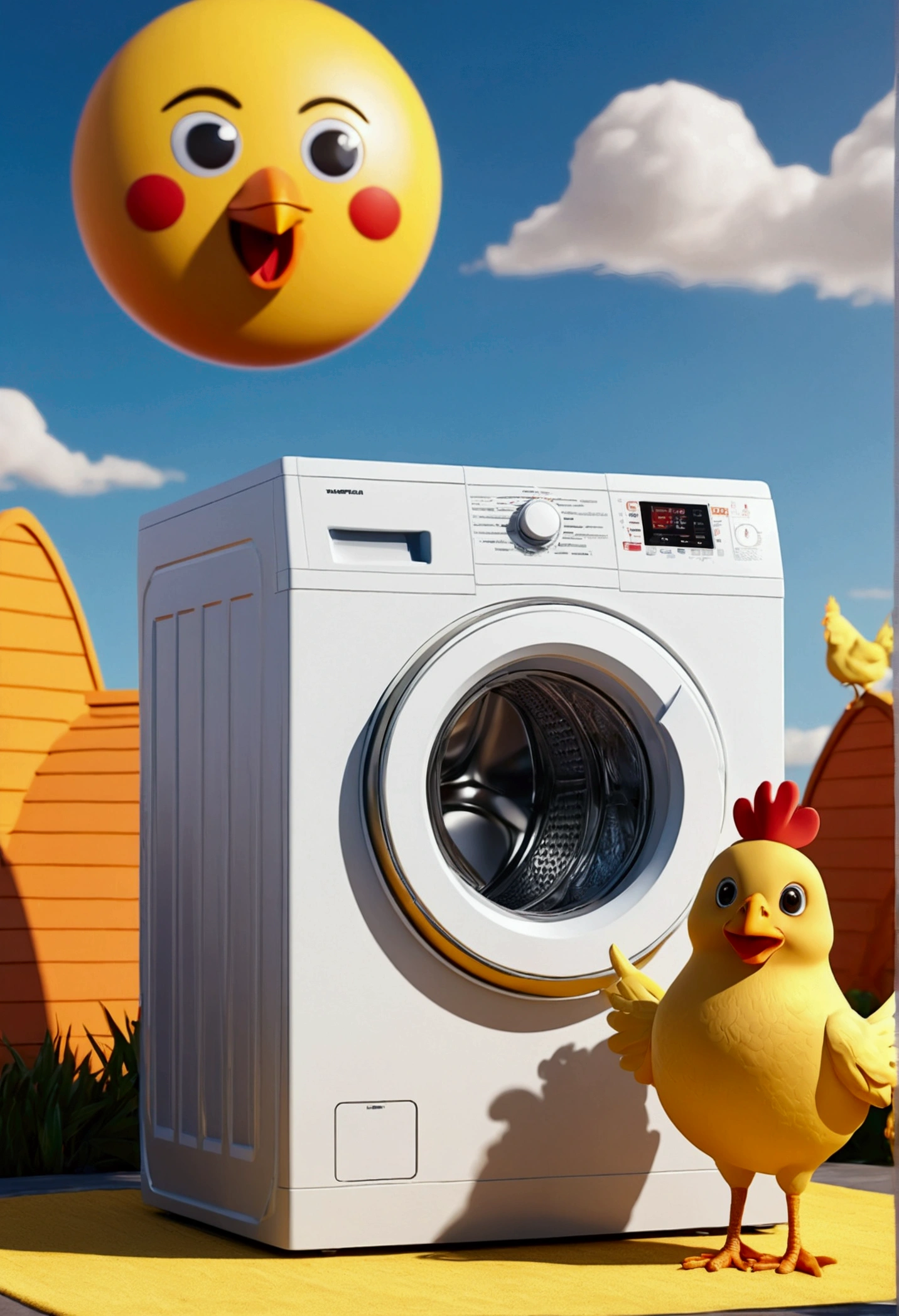 (design of character),a washing machine with enthusiasm and joy while standing in front of a big sun, anthropomorphic washing machine, Mattresses are chickens, smiling, big shiny eyes, Fantastic,Eccentric,similar to a fairy tale, super detailing, pixel style, vibrant with colors, soft natural light, solid color backdrop, 5-octane rendering, a gorgeous, Ultra Wide Angle, 8k, high realism, 8k