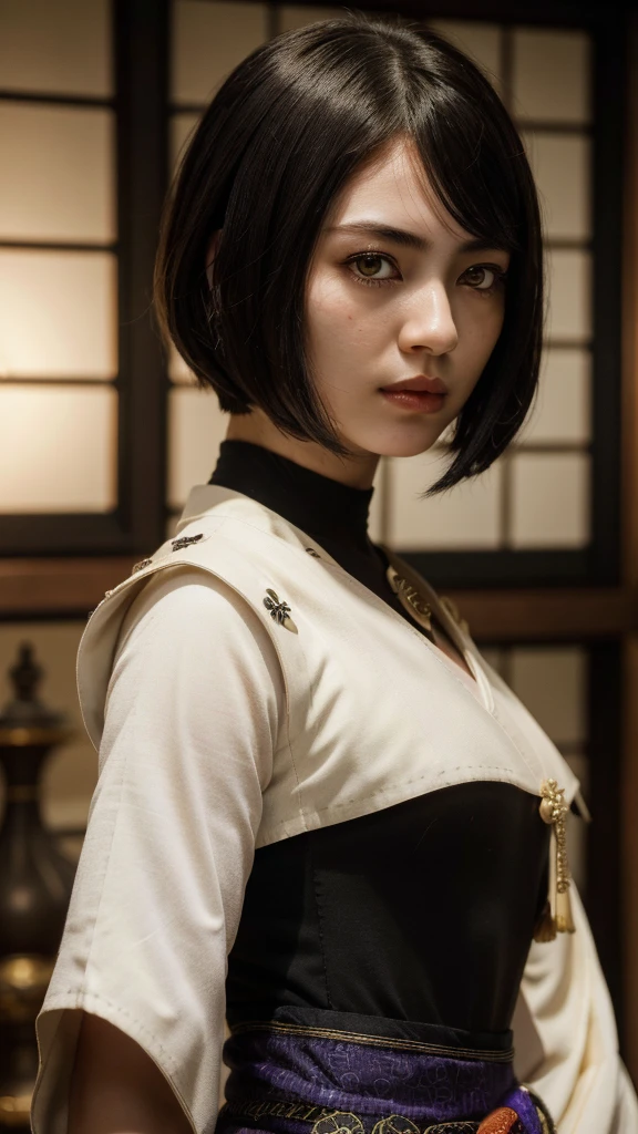 (masterpiece, best quality, beautiful quality, photorealistic, detailed lighting, extremely detailed skin, extremely detailed hair, shadows, 8k, a picture of a woman, upper body, 1girl, fcPortrait:1.2), Bob cut, Intricate details, Kujou Sara (Genshin Impact), She has indigo hair cut in an uneven square, pale skin and golden eyes. On the side of her head there is a red tengu mask resembling a crow's face with white inserts, a black crest and a hexagonal detail resembling a tokin. Japanese traditional clothes.