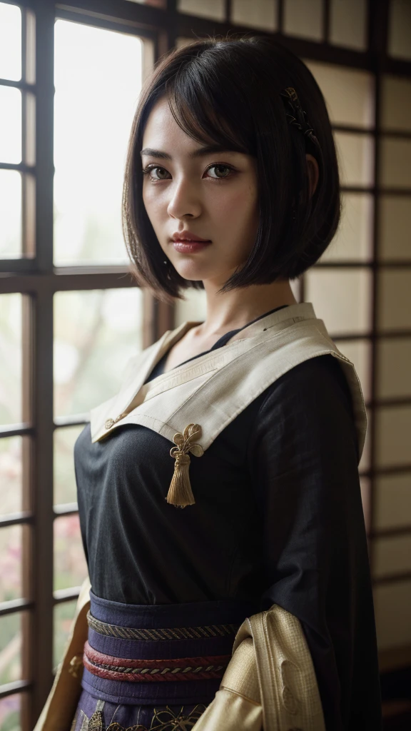 (masterpiece, best quality, beautiful quality, photorealistic, detailed lighting, extremely detailed skin, extremely detailed hair, shadows, 8k, a picture of a woman, upper body, 1girl, fcPortrait:1.2), Bob cut, Intricate details, Kujou Sara (Genshin Impact), She has indigo hair cut in an uneven square, pale skin and golden eyes. On the side of her head there is a red tengu mask resembling a crow's face with white inserts, a black crest and a hexagonal detail resembling a tokin. Japanese traditional clothes.