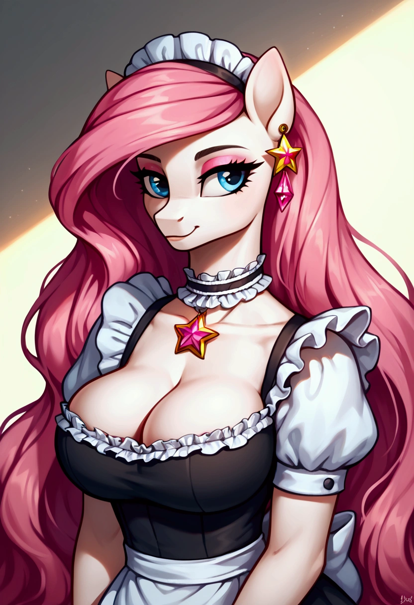 score_9,score_8_up,score_7_up,score_6_up, ((my little pony)), radiant lighting, vibrant colors, whimsical atmosphere, 8K, high resolution, highly detailed, masterpiece, ((brightness white body)), blue eyes, (maid costume), striped stockings, star pendant, earrings, eyeshadow, (very long pink hair:1.3), (((exciting escort:1.4))) huge overfilled round inflated Breast, , implants hyper-sized, (breast implants tissue expander) ( filling up)