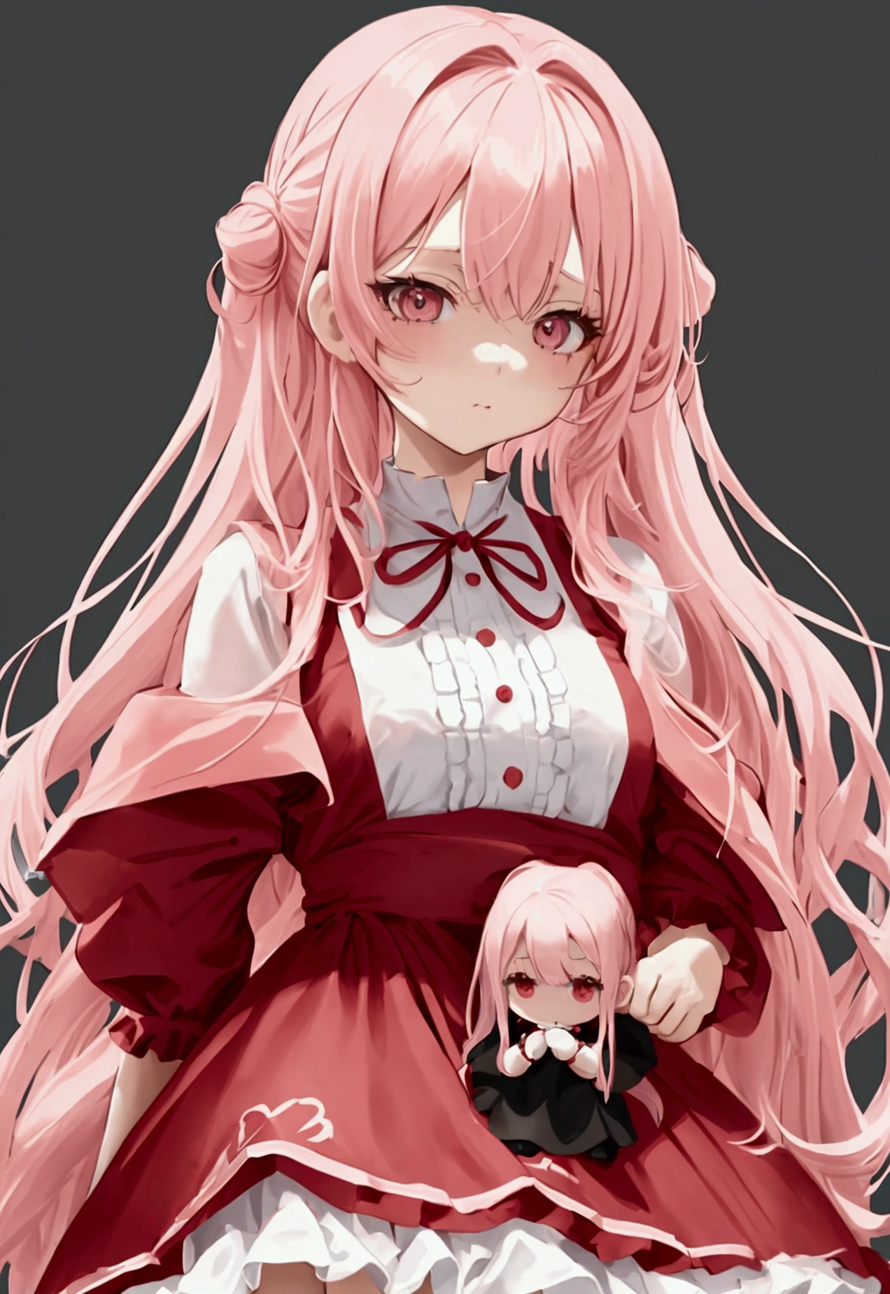 a cute light pink haired girl with long hair and big black eyes, with a cute red dress in doll style, her hair tied in a hasty style at the back of her head and on the sides, her face innocent and unsmiling, drawing anime