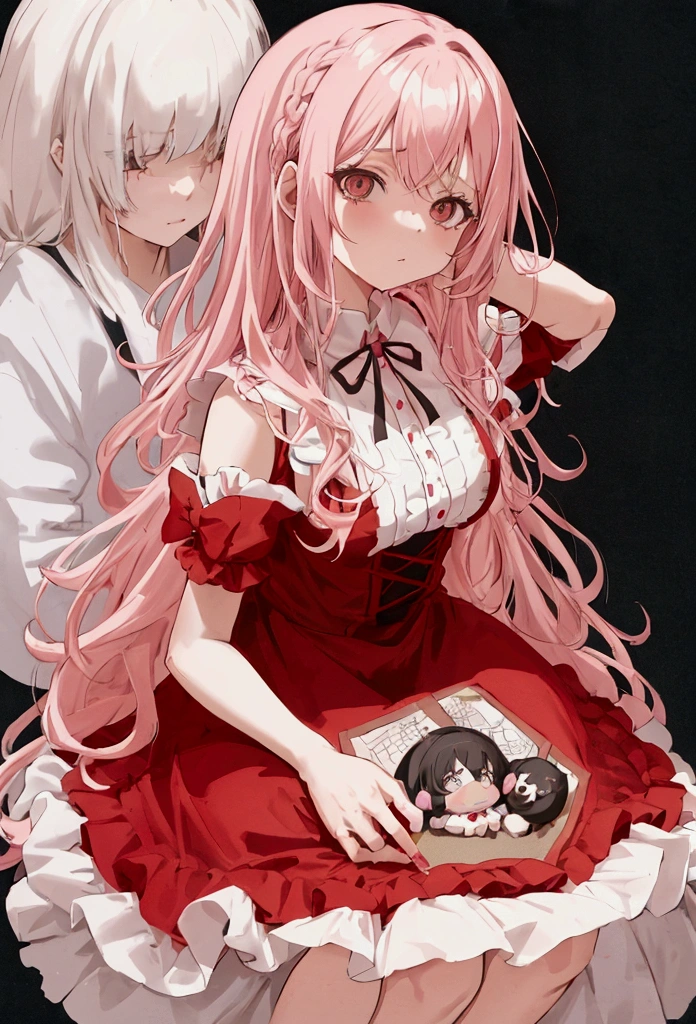 a cute light pink haired girl with long hair and big black eyes, with a cute red dress in doll style, her hair tied in a hasty style at the back of her head and on the sides, her face innocent and unsmiling, drawing anime
