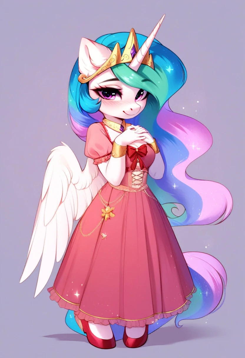 check_9, check_8_up, check_7_up, source_fluffy, rating_safe, from Magnaluna, Celestia poses seductively in a white bedroom, pink eyes, white body, anthro, blushing, wearing tight golden lingerie skirt, full body