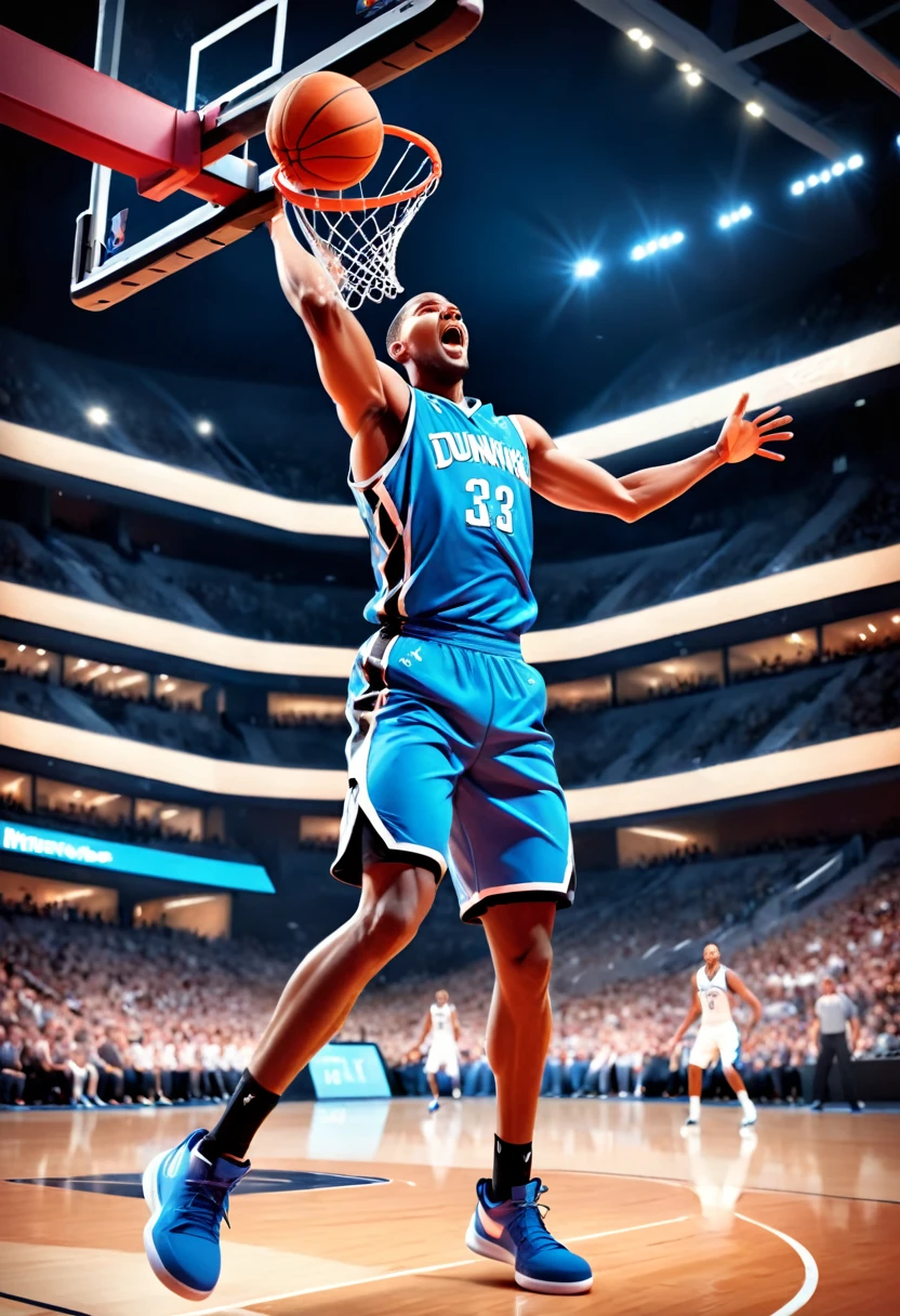 a basketball player, dunking the ball through the hoop, extreme action shot, high-speed motion blur, dramatic lighting, glowing basketball, court floor, crowd cheering, stadium arena, 4k, ultra-detailed, photorealistic, cinematic composition, dynamic pose, intense energy, triumph, sports photography