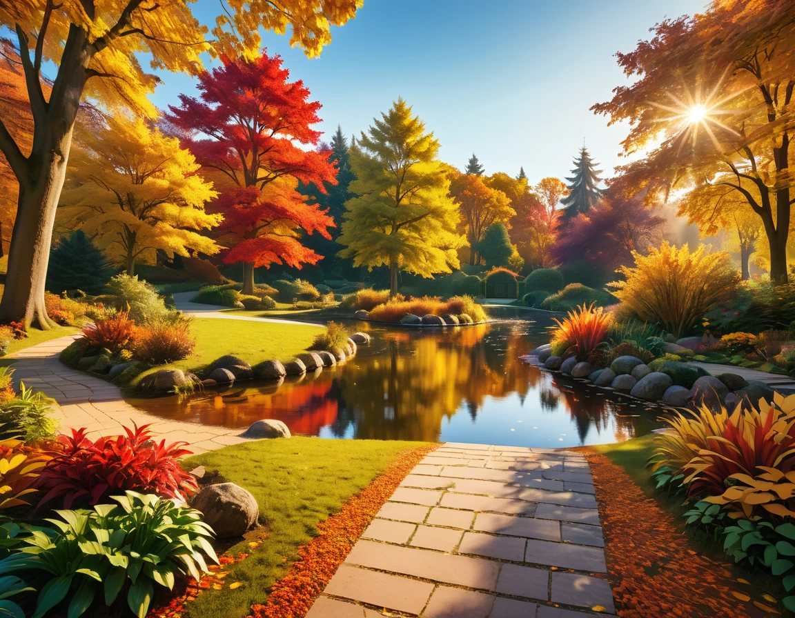 Striking ground view, autumn scene featuring a pond and a garden in a park, surrounded by trees and a path. vibrant fall colors and tranquil atmosphere, picturesque and warm setting, really beautiful nature scenery, rich picturesque colors, fall foliage, warm scene, vibrant autumn colors, blue sky, golden hour, natural lighting, hyper-maximalism, raw photography, ultra-detailed photorealistic textures, artistic bokeh, volumetric lighting, Sony/Zeiss 90mm,f2.8,vray,hdr,32k