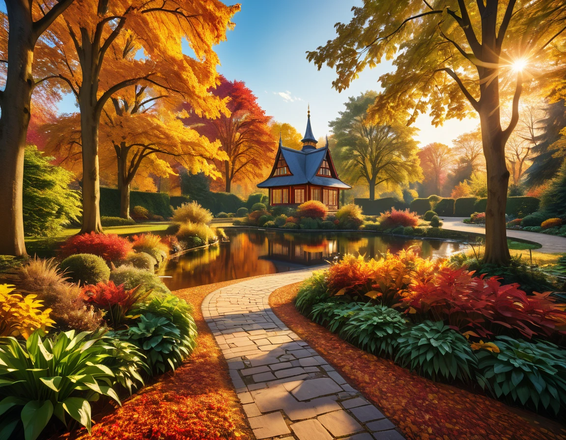 Striking ground view, autumn scene featuring a pond and a garden in a park, surrounded by trees and a path. vibrant fall colors and tranquil atmosphere, picturesque and warm setting, really beautiful nature scenery, rich picturesque colors, fall foliage, warm scene, vibrant autumn colors, blue sky, golden hour, natural lighting, hyper-maximalism, raw photography, ultra-detailed photorealistic textures, artistic bokeh, volumetric lighting, Sony/Zeiss 90mm,f2.8,vray,hdr,32k
