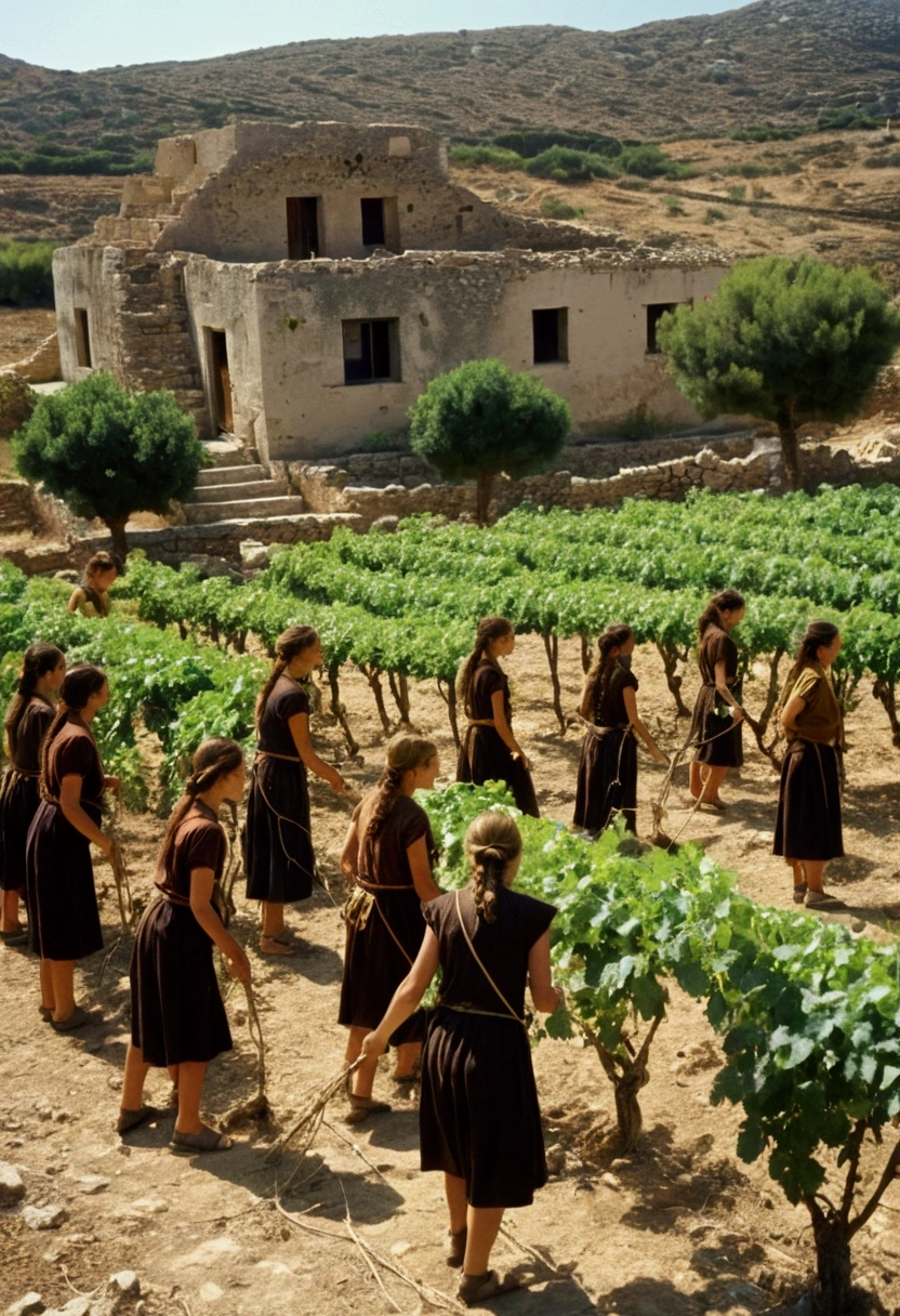 color image of 10 girls in their 20s standing cultivating vines in the fields of Crete, in the Neolithic, real-life photograph, Minoan architecture, provide, viñeta, small of people, real, Big landmark