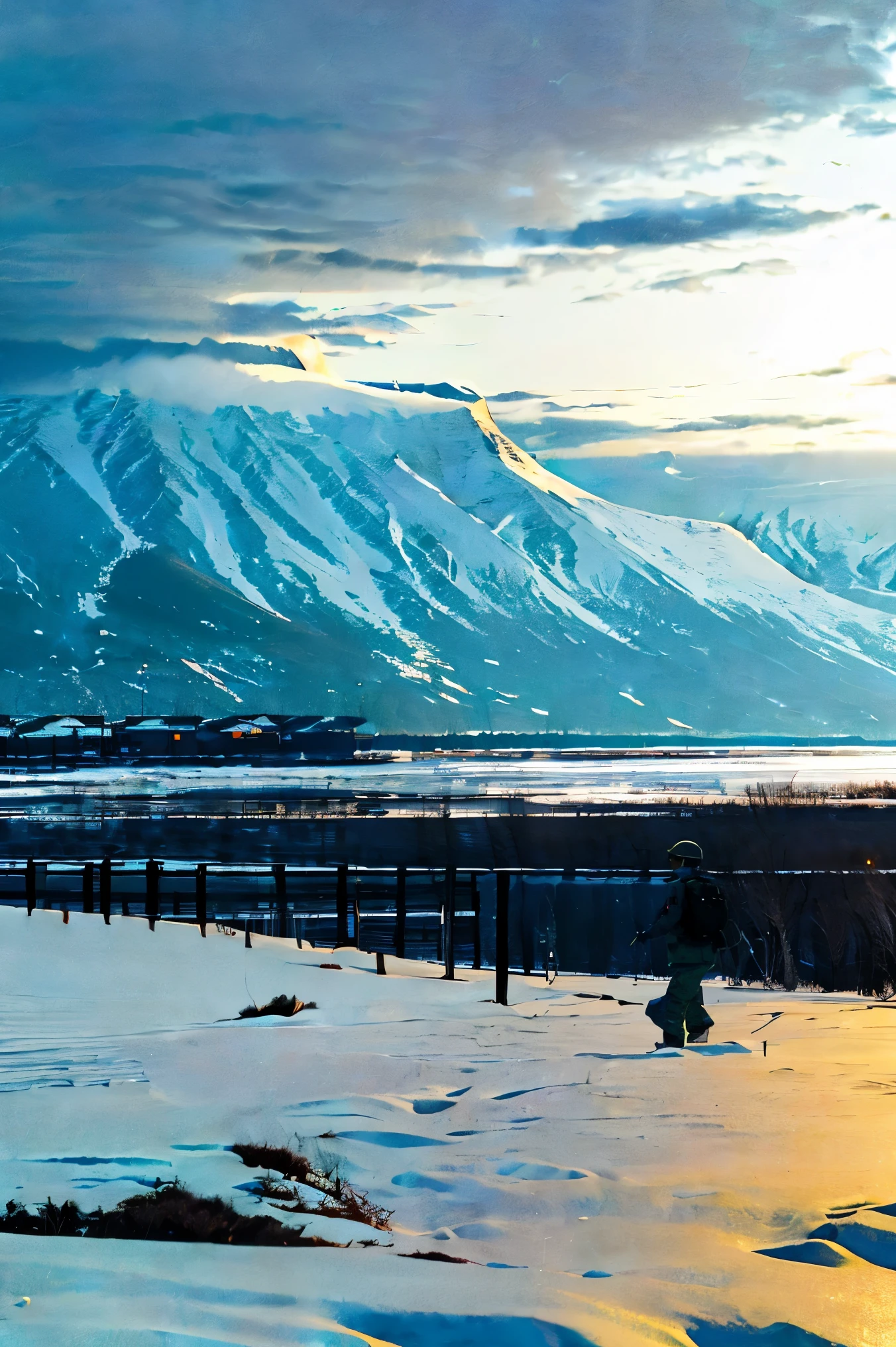 storm、A female soldier in combat uniform in the distance、