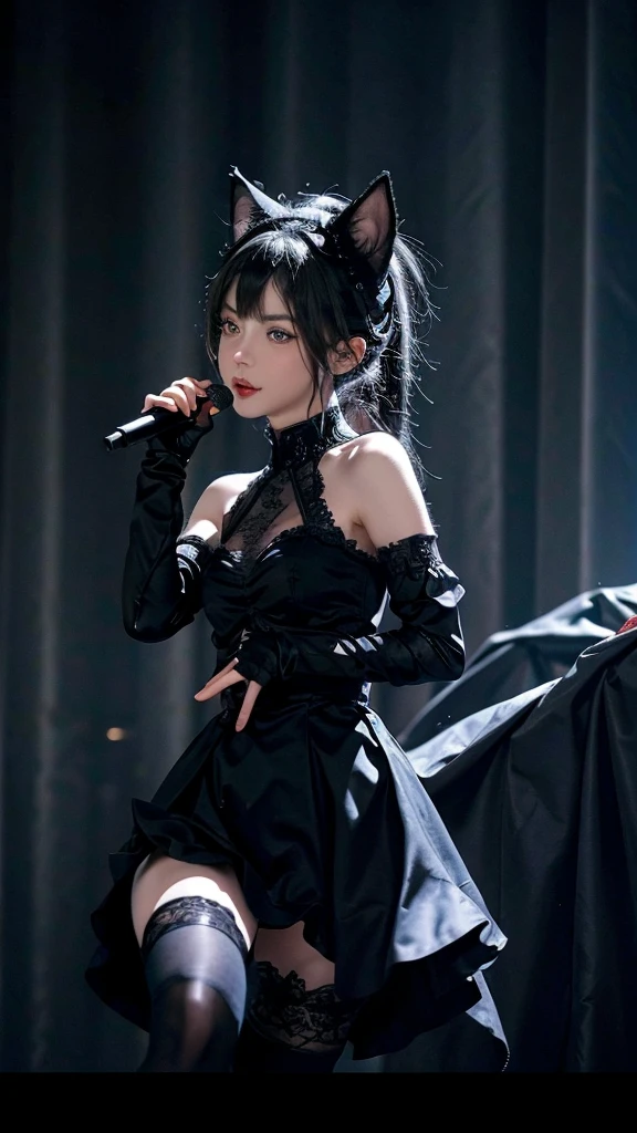 “Create a highly detailed and realistic masterpiece of a cute kitten dressed in a combination of goth-punk and gothic ta cosplay, singing with passion. The kitten should have expressive, large eyes and be depicted in a dynamic, engaging pose as if it is performing on stage.
Kitten’s Appearance:
• Goth-Punk Elements:
• A small black leather jacket with spikes on the shoulders.
• Tiny fishnet gloves on its paws.
• A spiked collar around its neck.
• A small, edgy microphone in one paw.
• Gothic Lolilements:
• A frilly black and white dress with lace and ribbons.
• A small, elegant bonnet with lace trim.
• Striped stockings on its hind legs.
Background and Setting:
• The background should resemble a gothic-themed concert stage with dark, dramatic lighting.
• Include gothic architectural elements such as ornate arches and iron railings.
• The lighting should create a moody, atmospheric effect with spotlights focusing on the kitten.
• Subtle fog effects can enhance the dramatic ambiance.
Overall Aesthetic:
• The image should have a dark, yet whimsical and enchanting vibe.
• Pay attention to intricate details in the kitten’s costume and the stage setting.
• Use high contrast and rich textures to highlight the gothic and punk elements.
The composition should capture the kitten’s cute yet fierce expression as it sings, making it a captivating and unique visual experience.”
Additional Settings:
• Style: Realistic, Dark Fantasy, Whimsical
• Lighting: Dark, Dramatic, Spotlights
• Details: High, Intricate Textures
• Mood: Enchanting, Atmospheric, Gothic
• Composition: Focus on the singing kitten, dynamic pose