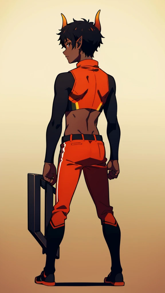 (1boy,18 years old,solo),((dark skin)),short hair,black hair,elf ears,(horns),orange eyes,(no background, simple background),red gym oufit,(from back),serious,standing,battle pose