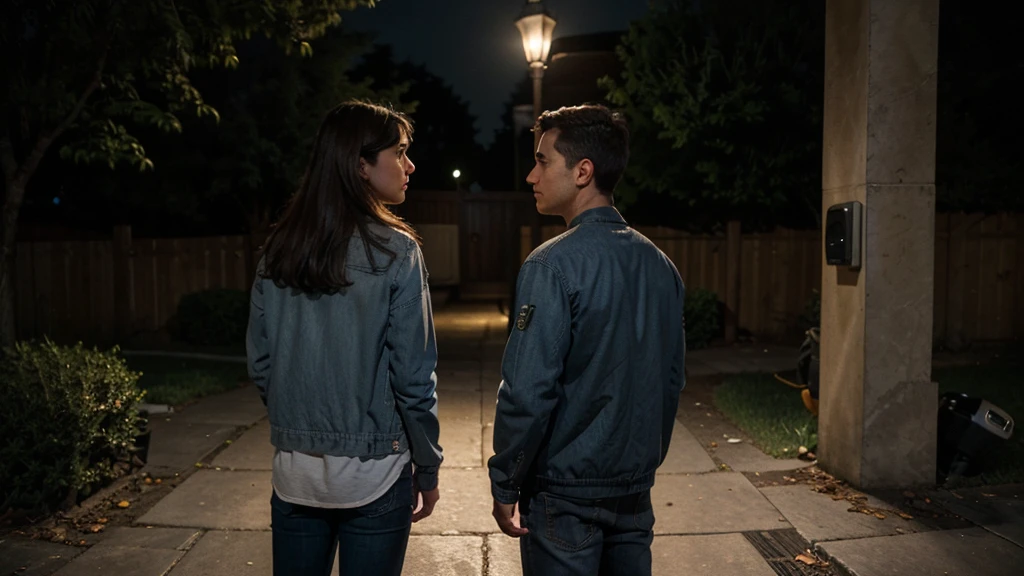You respond, "Well, I dropped them inside the house."
Your neighbor, confused, says, "You mean you dropped your keys inside the house, and you're looking for them out here under the streetlight? That doesn't make sense."
You reply, "Well, it doesn't make sense to look in the dark when there's light out here."
The setting remains outside under the streetlight.
You and your neighbor are standing, facing each other, having this conversation.
You are wearing the same light gray t-shirt and dark blue jeans.
Your neighbor is wearing a dark jacket and jeans.
The streetlight casts a clear, bright light over the area where you both are standing.
No faces are visible in the image.
The scene captures the moment of dialogue, emphasizing the contrast between the logical and illogical aspects of the situation.