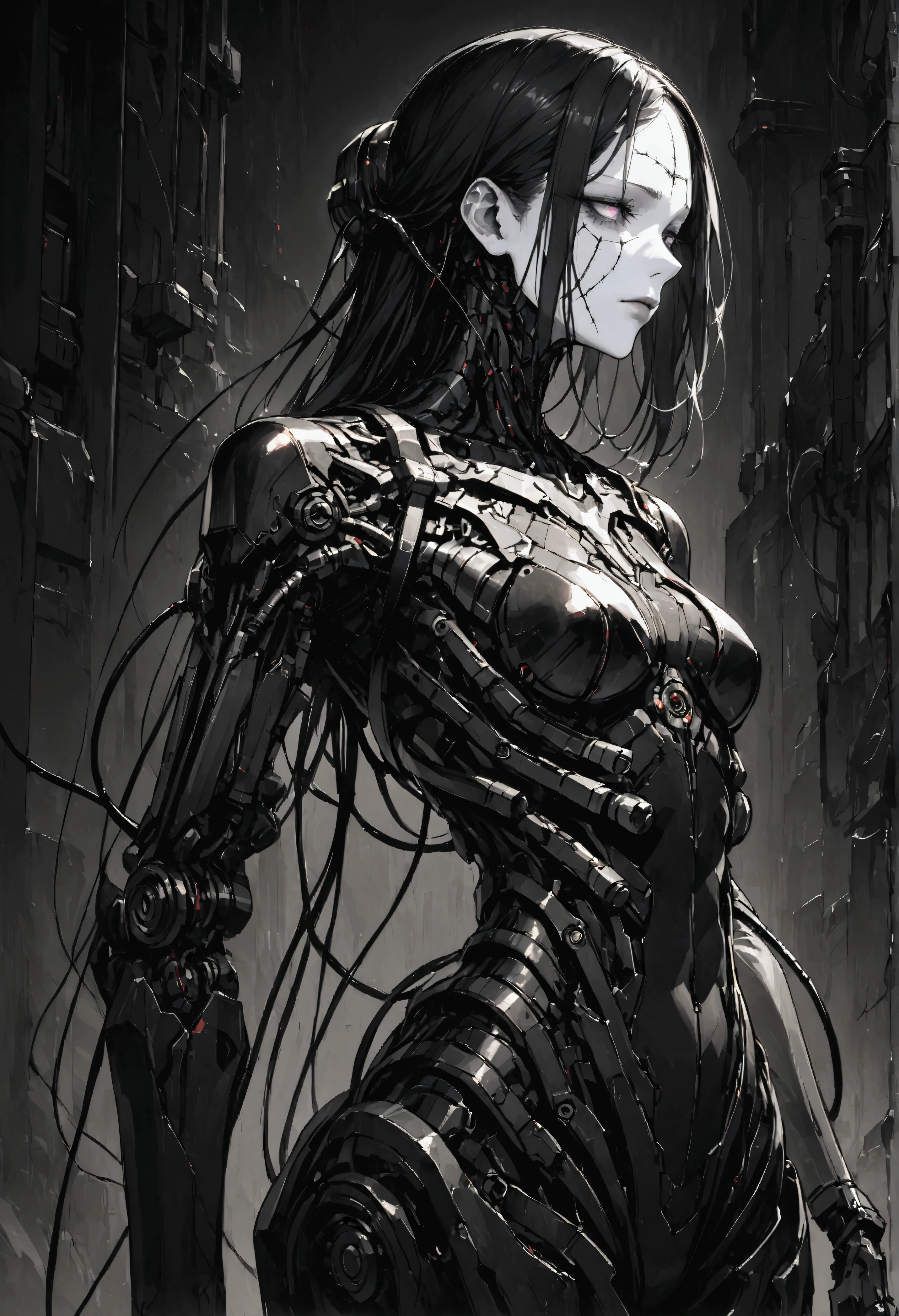 1 cyborg, dark cyberpunk aesthetic, tall and thin, with an upright and threatening posture, covered in black and dark metallic armor, futuristic combat suit, many details with a mixture of advanced technology with biomechanical elements, face and head with very white skin pale and cracked with marked veins, marked scars on her face, leaving only her eyes and a part of her forehead exposed, Her eyes cut like a snake, dark and penetrating, adding a sense of danger and mystery, The character is covered in cables and mechanical components, especially in the arms and torso, The cables hang and tangle around his body, giving an impression of technological and biomechanical complexity, there are articulated metal segments and technological pieces that look like part of an armor or exoskeleton,