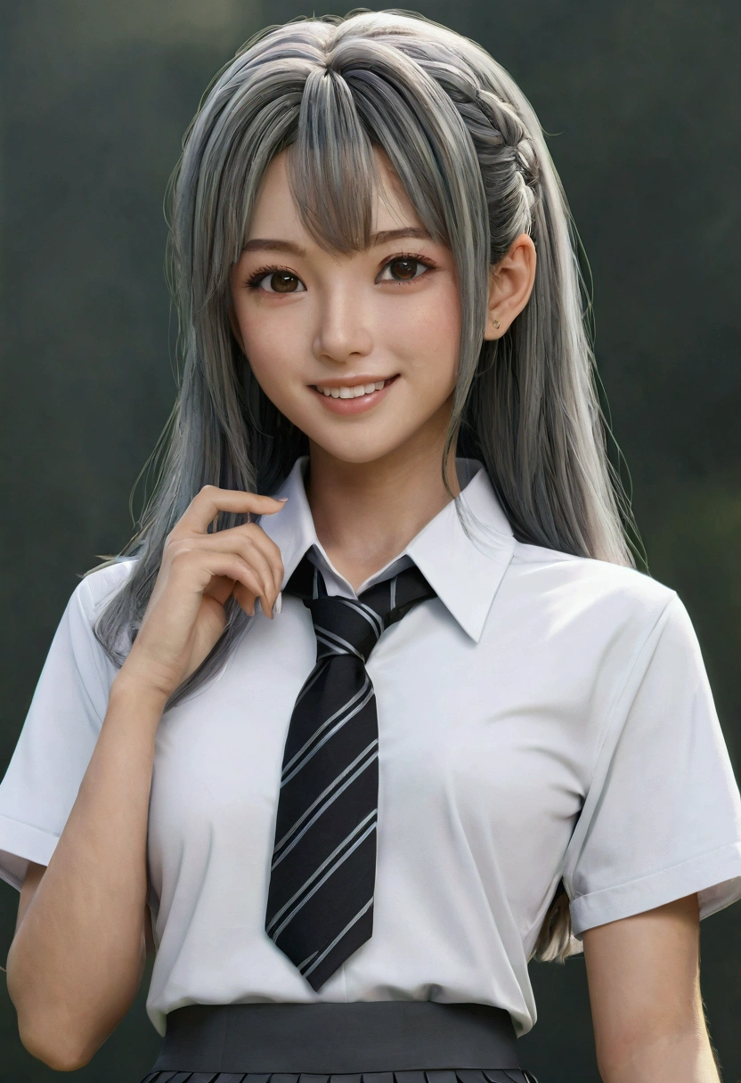 (masterpiece:1.3, Highest quality, Ultra-high resolution, Super detailed), (Realistic, photoRealistic:1.4), Beautiful illustrations, Perfect lighting, colorful, Depth of written boundary,
Beautiful detailed hair, Beautifully detailed face, Beautiful attention to detail, Beautiful clavicle, Beautiful body, Beautiful breasts, Beautiful thighs, Beautiful feet, Beautiful fingers,
View your viewers, 1 girl, Japanese, high school girl, Perfect Face, (Perfect Anatomy, Anatomically correct), Cute and symmetrical face, Baby Face, , Glowing Skin,
(Long Hair:1.7, Straight hair:1.6, Silver Hair), Hair between the eyes, Braided bangs, Dark red eyes, Long eyelashes, (Medium chest), thin,
((Collared short-sleeved shirt, Black pleated skirt, Grey tie)),
(Beautiful views), evening, (Outdoor, distant cityscape), Are standing, , (Cute smile, Upward glance, Open your mouth),