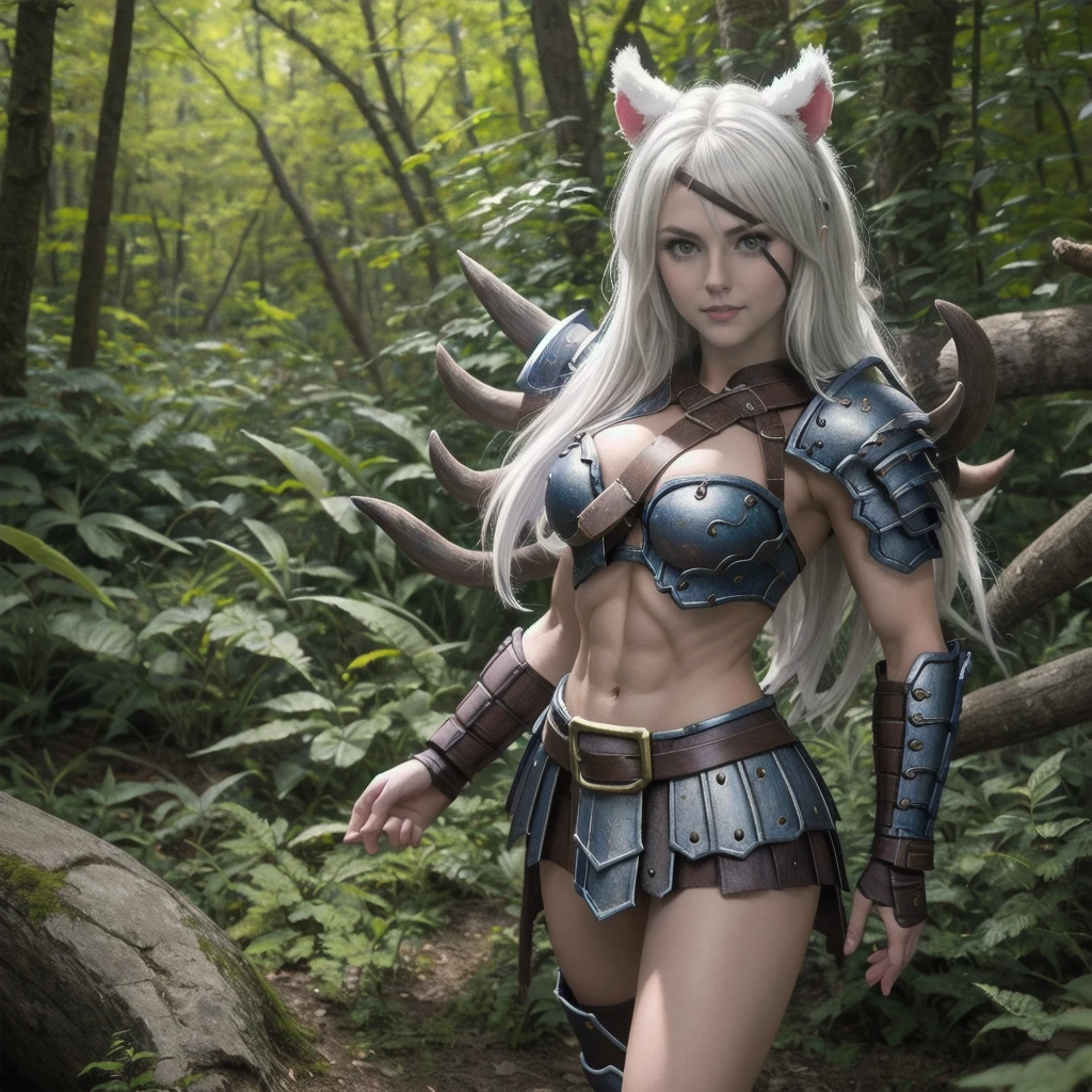 1girl, solo, cowboy shot, full body photo, photorealistic, close up, beautiful detailed face and eyes, realistic skin texture, standing, seductive smile, mouth closed, expressionless, looking at viewer, large breasts, thin waist, medium hips, abs, toned, rengar, animal ears, armor, blue eye, yellow eyepatch, heterochromia, underboob, muscular female, shoulder armor, angry, white hair, outdoors, forest, nature, particles, epic background, dynamic pose, vibrant colors, 4k resolution, depth of field
