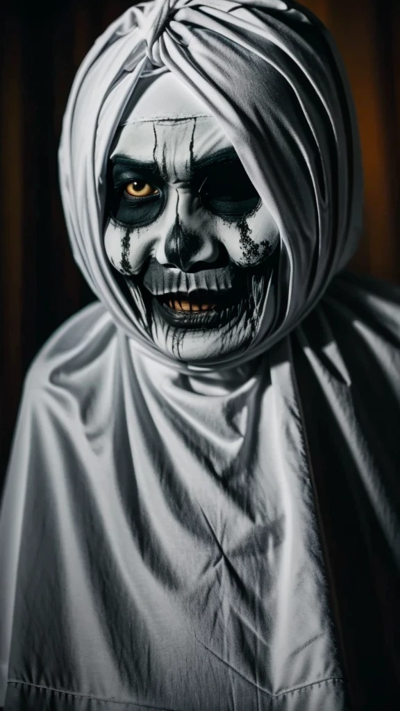 Pocong . Ghost.(( Scary face.))((White eyes)) Skeleton.  Movie mood horror. Bood on face. ((Realistic)). Big eyes. White eyes.