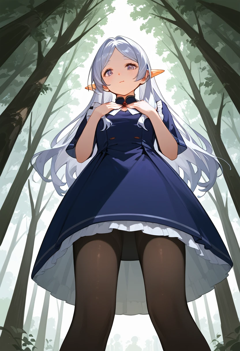 masterpiece, best quality, (Fraction_9, Fraction_8_Direction_7_up), 1 Girl, Solitary,Long hair , Black pantyhose, Looking at the audience, From below, Hands on chest, Delicate hands, Really small body, forest, night, Clear focus, masterpiece, best quality，Underskirt，Hand pull skirt，裙子up