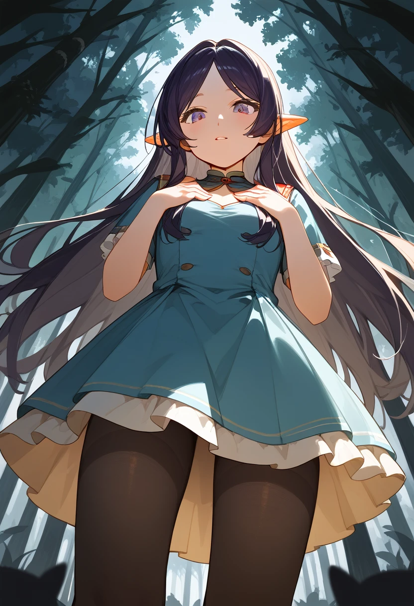 masterpiece, best quality, (Fraction_9, Fraction_8_Direction_7_up), 1 Girl, Solitary,Long hair , Black pantyhose, Looking at the audience, From below, Hands on chest, Delicate hands, Really small body, forest, night, Clear focus, masterpiece, best quality，Underskirt，Hand pull skirt，裙子up