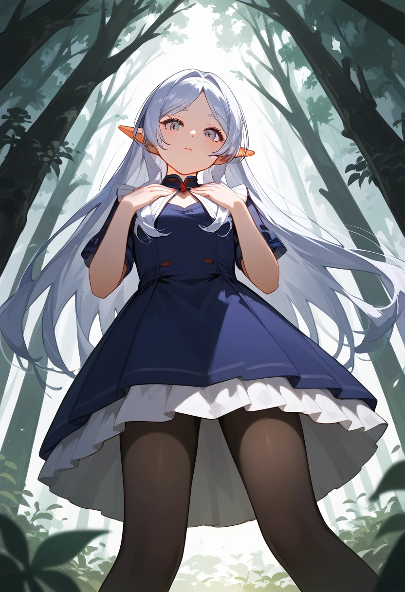 masterpiece, best quality, (Fraction_9, Fraction_8_Direction_7_up), 1 Girl, Solitary,Long hair , Black pantyhose, Looking at the audience, From below, Hands on chest, Delicate hands, Really small body, forest, night, Clear focus, masterpiece, best quality，Underskirt，Hand pull skirt，裙子up