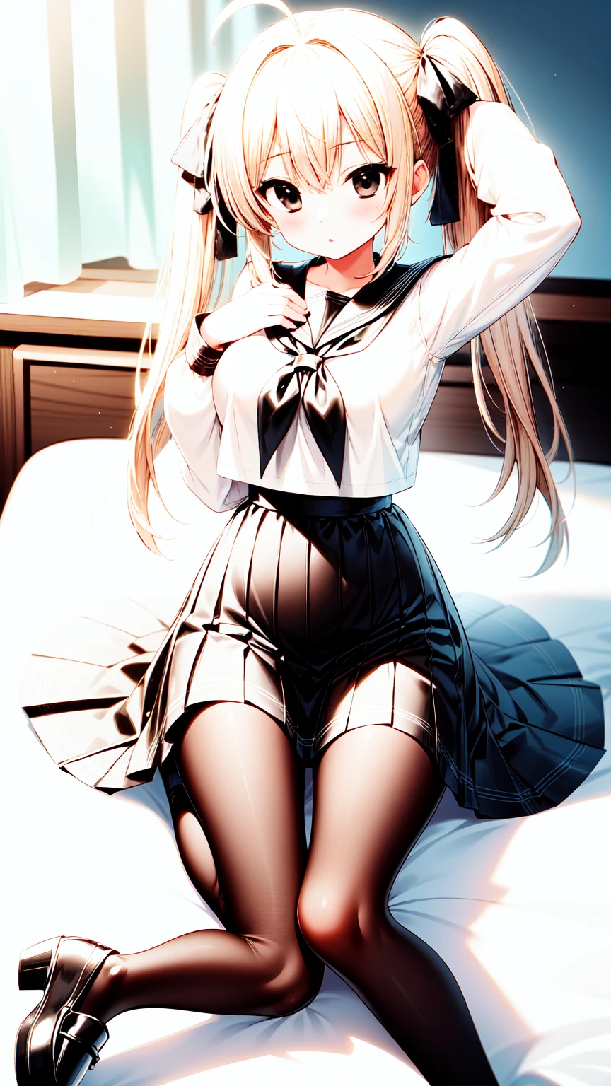 1girl,masterclass,best quality, illustration, solo, sora kasugano, ahoge, (black eyes:1.5), hair between eyes, hair ribbon, long hair, twintails, black ribbon, white hair, dress, long sleeves, white dress, long skirt, black footwear, black pantyhose, grey ribbon, grey skirt, loafers, long sleeves, miniskirt, pantyhose, pleated skirt, sailor collar, , serafuku, shoes, skirt, white sailor collar, white serafuku, maebari, pasties, closed mouth, ;o, one eyes closed,on bed,(blush:1.2), large breasts, sitting, wariza, thigh gap, arm up, arm behind head