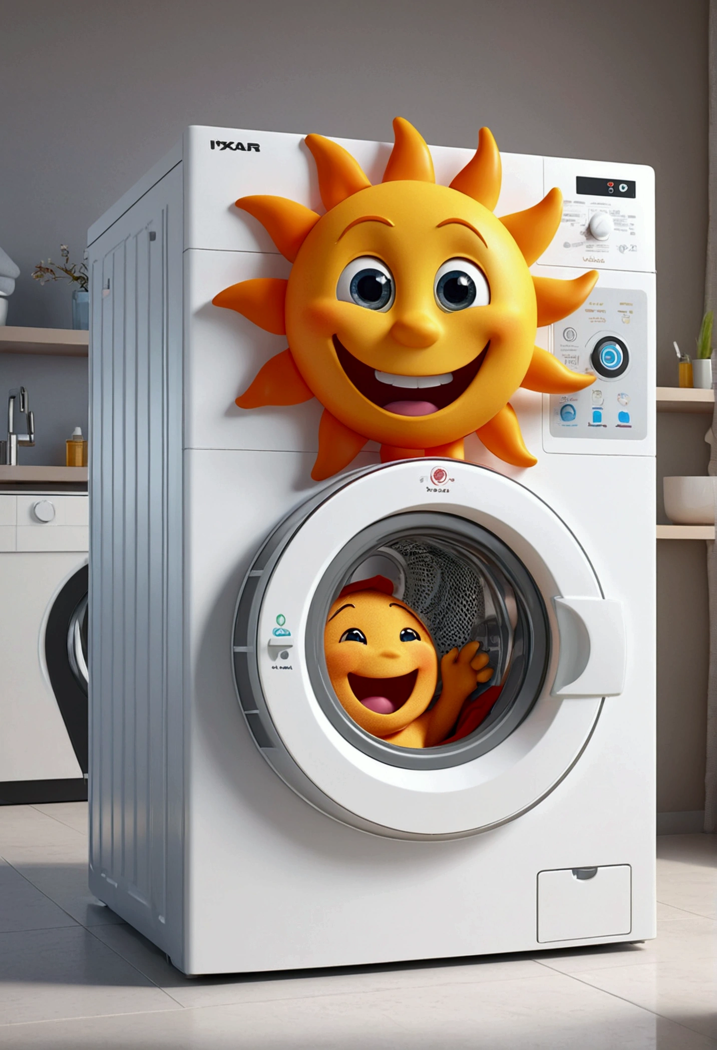 A cute sun character with a smiling face and happy eyes, below smiling washing machine with a happy touch. The character is designed in the style of Pixar animation, featuring a bright and fun design, washing clothes. --ar 1:1 -- in 6.0 --3D rendering