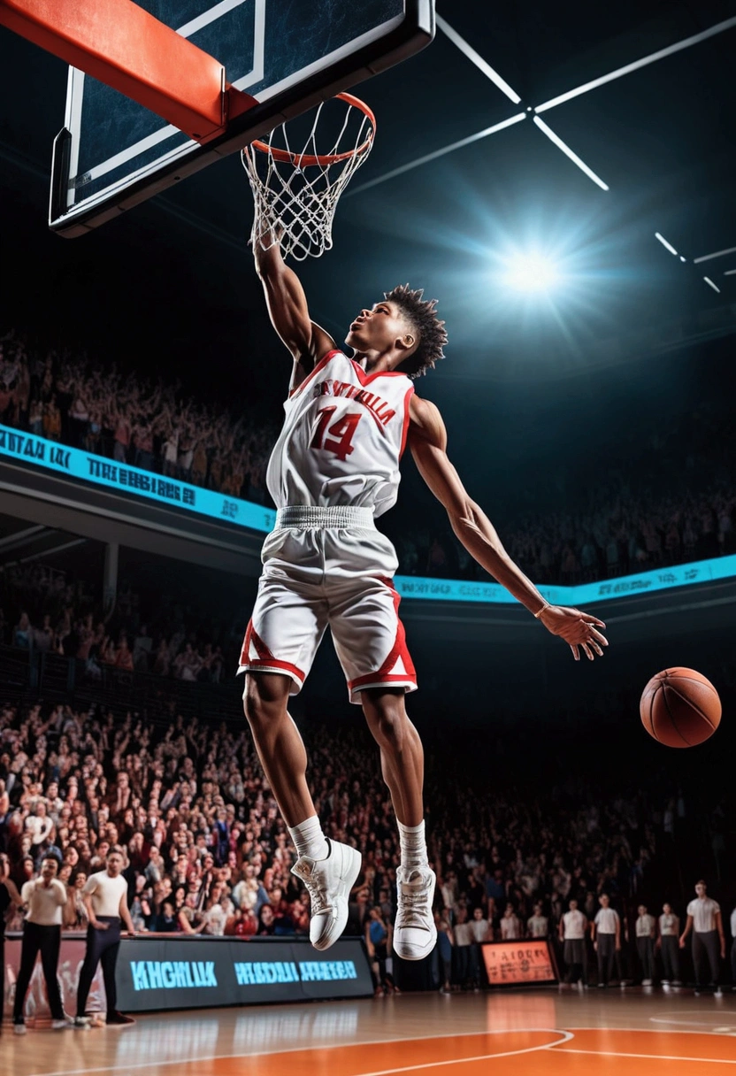 1boy, Game-Winning Dunk, a basketball player jumping high, performing a spectacular slam dunk, intense action pose, muscular male body, dynamic movement, basketball court, crowd cheering, dramatic lighting, cinematic composition, 8k, (4k,highres:1.2), ultra-detailed, studio lighting, extreme detail description, professional, vivid colors, masterpiece, best quality, very aesthetic, absurdres