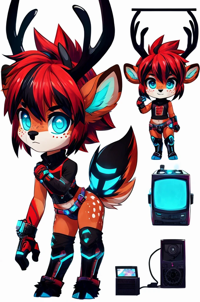 one cute anthro, fluffy red deer boy, (red fur), bright red hair with black highlights, glowing cyan eyes, tecnologycal, android deer, glowing cyan and black lights running over his body, glowing cyan fawn spots, glowing cyan freckles, deer hooves, deer tail, deer ears, antlers, antenna, radio, tv, technology, wearing cyberpunk outfit, jogger black pants with many belts and a cropped sleeveless black turtleneck, teenager, ((cute)), adorable, fluffy, young, androgynous, femboy, red black and cyan color scheme, small, short, chibi, (solo), not fat nor muscular nor thin, normal body, Short hair, small tail