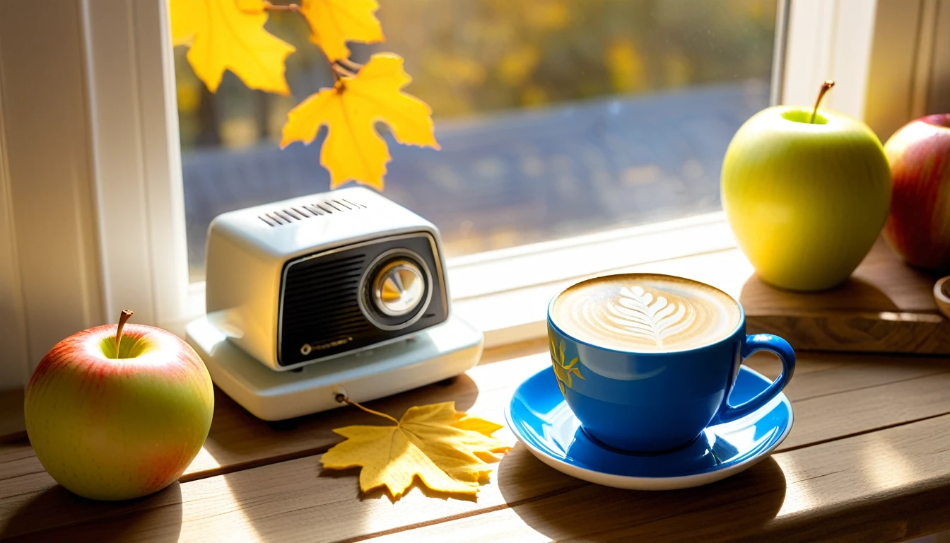 Create a picture of a cozy fall atmosphere featuring a bright blue cup with a latte art design on it, placed on a wooden table. around the cup include autumn elements such as yellow leaves, grapes and apples. Include a vintage radio in the background to enhance the nostalgic feel of the scene. The setting is bathed in autumn sunrise coming in through the windows, casting soft shadows and highlighting the texture of each object.