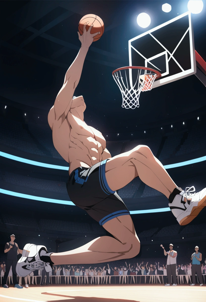 1boy, Game-Winning Dunk, a basketball player jumping high, performing a spectacular slam dunk, intense action pose, muscular male body, dynamic movement, basketball court, crowd cheering, dramatic lighting, cinematic composition, 8k, (4k,highres:1.2), ultra-detailed, studio lighting, extreme detail description, professional, vivid colors, masterpiece, best quality, very aesthetic, absurdres