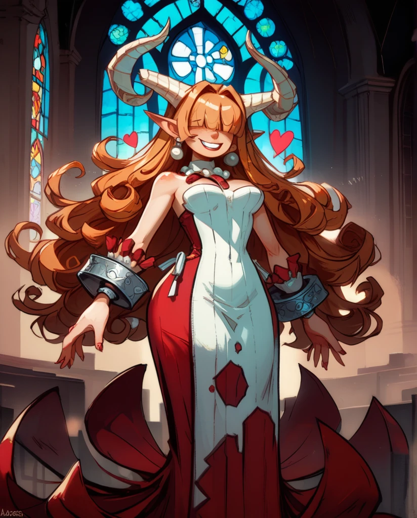 score_9,score_8_up,score_7_up,
Clergyxl,pointy ears,hair over eyes, orange hair flat chest,smile,teeth,long hair,hips,
bare shoulders, pink strapless dress,pearl earrings,wrist cuffs,wristband,neck brace, horns,
church,underworld,