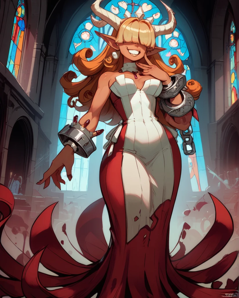 score_9,score_8_up,score_7_up,
Clergyxl,pointy ears,hair over eyes, curly ginger hair big breast,smile,teeth,long hair,hips,
bare shoulders,red strapless dress,pearl earrings,wrist cuffs,wristband,neck brace,
church,underworld,She has tan skin, she has heterochomria iridium, her left eye is orange, and her right eye is yellow, she has long horns on her head that curve into a heart, she has long curly ginger hair with curly bangs thag cover her eyes, she is  yet cruvy, she dresses in reds and blacks, wearing a tight dress, and platform heels.