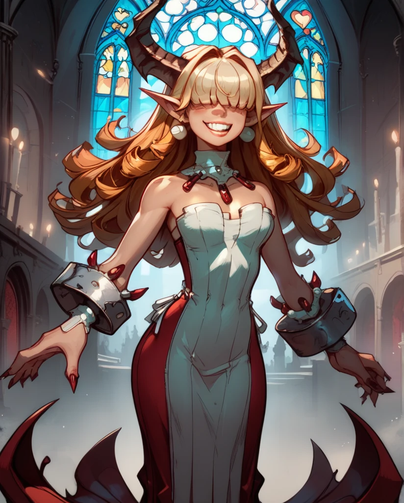 score_9,score_8_up,score_7_up,
Clergyxl,pointy ears,hair over eyes, curly ginger hair big breast,smile,teeth,long hair,hips,
bare shoulders,red strapless dress,pearl earrings,wrist cuffs,wristband,neck brace,
church,underworld,She has tan skin, she has heterochomria iridium, her left eye is orange, and her right eye is yellow, she has long horns on her head that curve into a heart, she has long curly ginger hair with curly bangs thag cover her eyes, she is  yet cruvy, she dresses in reds and blacks, wearing a tight dress, and platform heels.