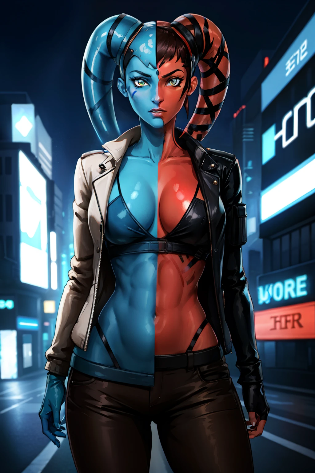 red skin:1.3, blue skin:1.3, twilek, facial markings, white jacket, brown jacket, open jacket, orange top, black top, brown pants, black pants, standing, medium breasts, detailed face and eyes, upper body,
detailed background, cyberpunk, bar, neon lights, dark, highly detailed, best quality, high resolution, 4k, cinematic lighting,
