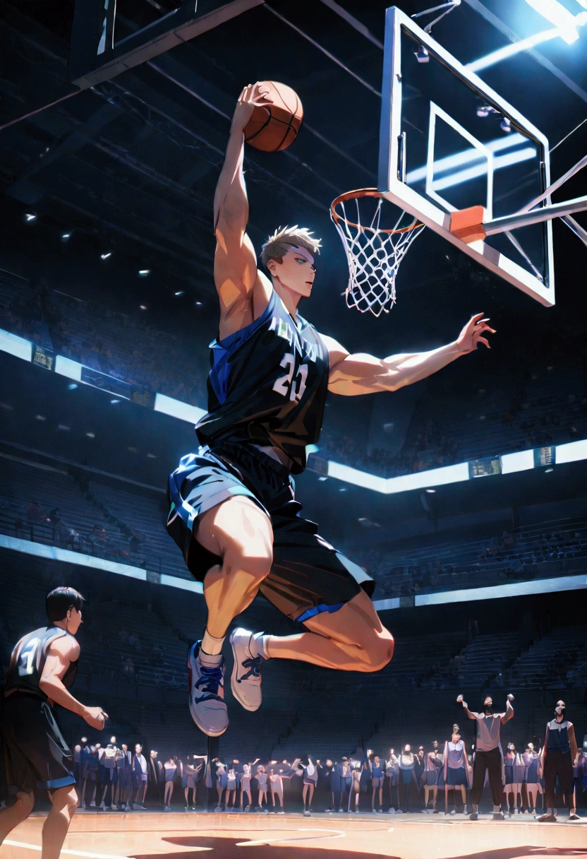 1boy, Game-Winning Dunk, a basketball player jumping high, performing a spectacular slam dunk, intense action pose, muscular male body, dynamic movement, basketball court, crowd cheering, dramatic lighting, cinematic composition, 8k, (4k,highres:1.2), ultra-detailed, studio lighting, extreme detail description, professional, vivid colors, masterpiece, best quality, very aesthetic, absurdres