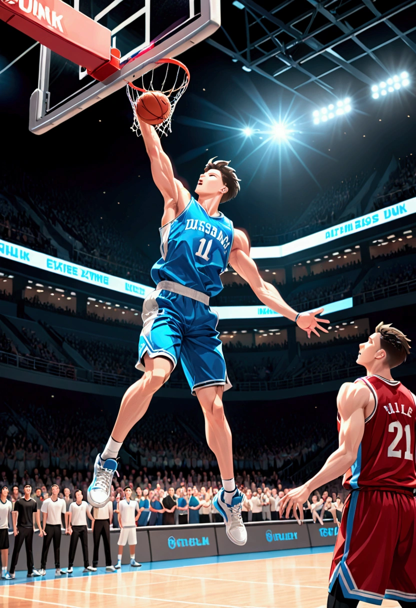 1boy, Game-Winning Dunk, a basketball player jumping high, performing a spectacular slam dunk, intense action pose, muscular male body, dynamic movement, basketball court, crowd cheering, dramatic lighting, cinematic composition, 8k, (4k,highres:1.2), ultra-detailed, studio lighting, extreme detail description, professional, vivid colors, masterpiece, best quality, very aesthetic, absurdres