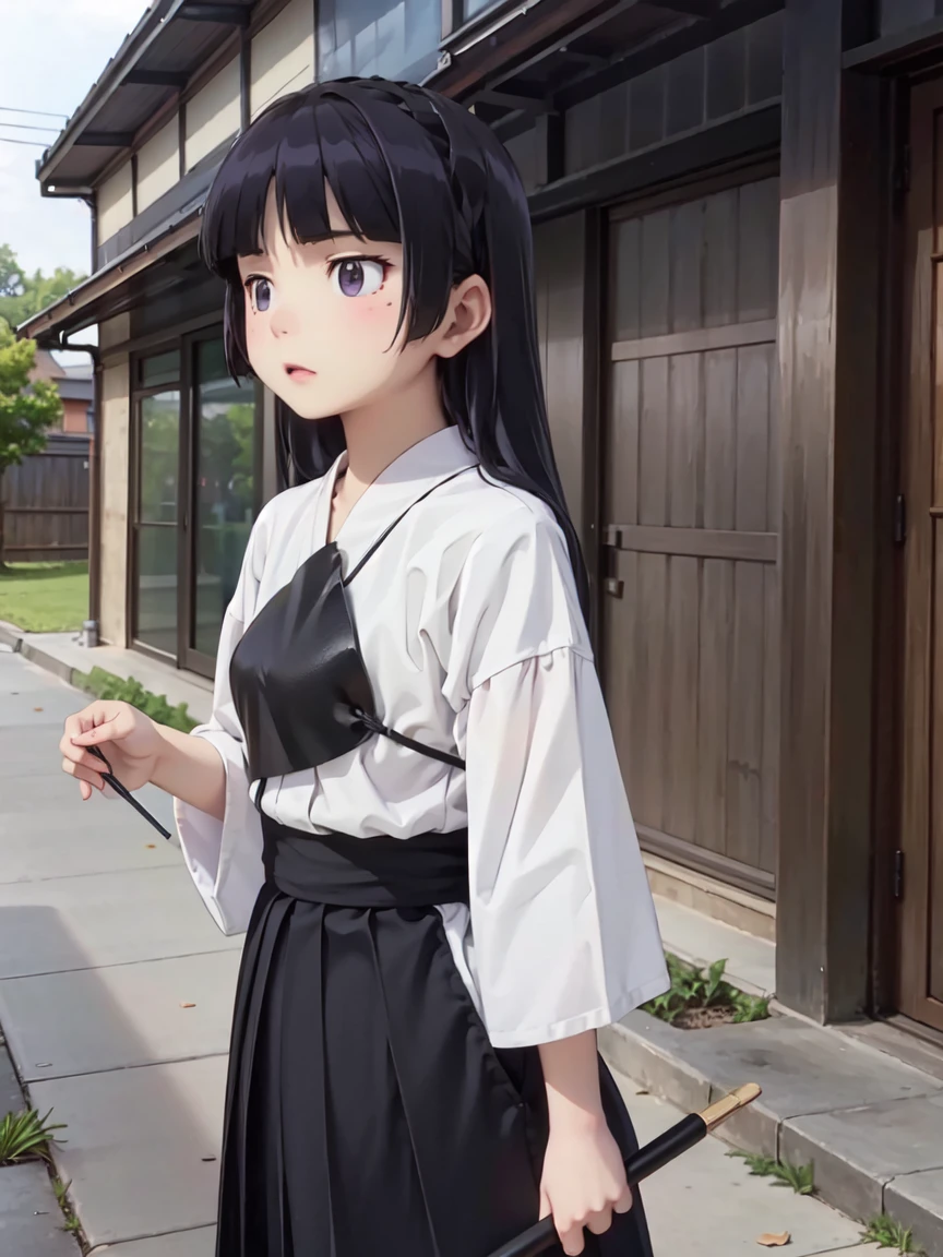 ruri gokou, (Ultra-high resolution), (masterpiece), (Attention to detail), (high quality), (最high quality) , 1 Girl, alone,  Hime cut, Long Hair, skirt, hakama, hakamaskirt, long skirt, Black Hair, gloves, kyuudou, Kyudogi, breastplate, tabi, Field, Japanese Dojo,