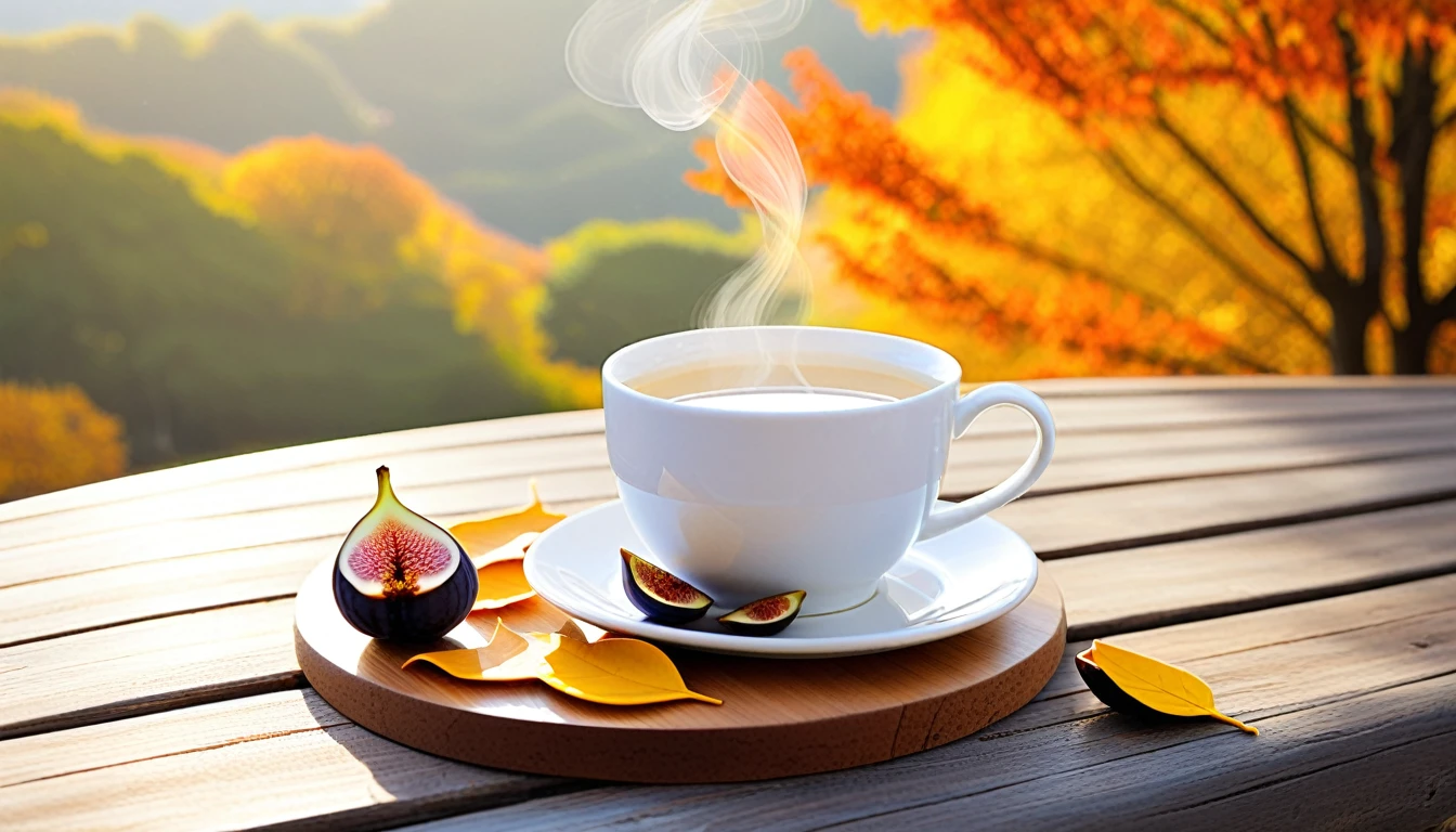 Create an image of a cozy autumn atmosphere by featuring a steaming white cup on a wooden coaster. The cup is adorned with a design of fallen leaves that matches the orange leaves scattered around it. Ripe and cut figs lie nearby, and the scene is illuminated by the warm light of the morning sun, which hints at a peaceful morning atmosphere. This atmosphere is enhanced by the potted plants that add to the serene atmosphere. and the beautiful natural scenery in the background.