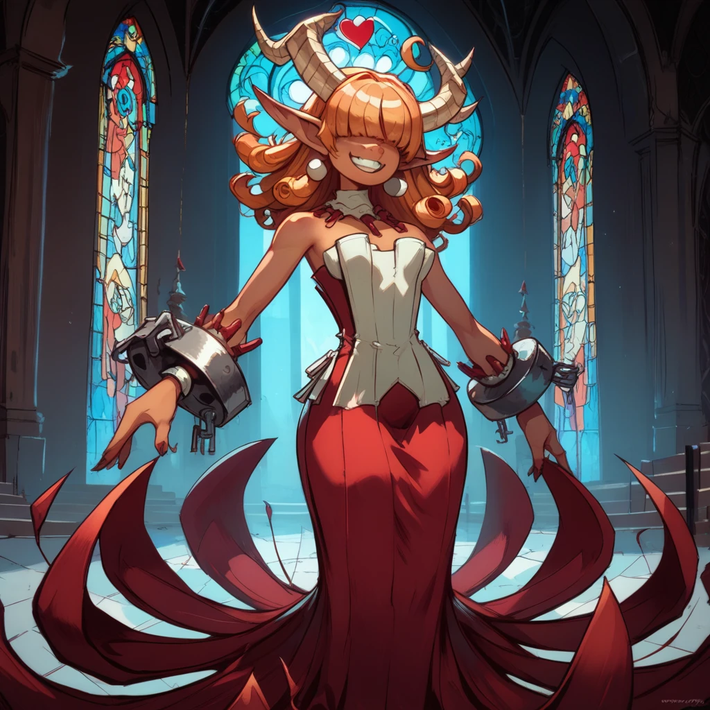 score_9,score_8_up,score_7_up,
Clergyxl,pointy ears,hair over eyes, curly ginger hair big breast,smile,teeth,long hair,hips,
bare shoulders,red strapless dress,pearl earrings,wrist cuffs,wristband,neck brace,
church,underworld,She has tan skin, she has heterochomria iridium, her left eye is orange, and her right eye is yellow, she has long horns on her head that curve into a heart, she has long curly ginger hair with curly bangs thag cover her eyes, she is  yet cruvy, she dresses in reds and blacks, wearing a tight dress, and platform heels.