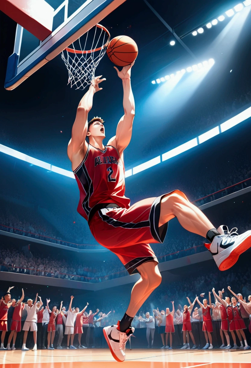 1boy, Game-Winning Dunk, a basketball player jumping high, performing a spectacular slam dunk, intense action pose, muscular male body, dynamic movement, basketball court, crowd cheering, dramatic lighting, cinematic composition, 8k, (4k,highres:1.2), ultra-detailed, studio lighting, extreme detail description, professional, vivid colors, masterpiece, best quality, very aesthetic, absurdres