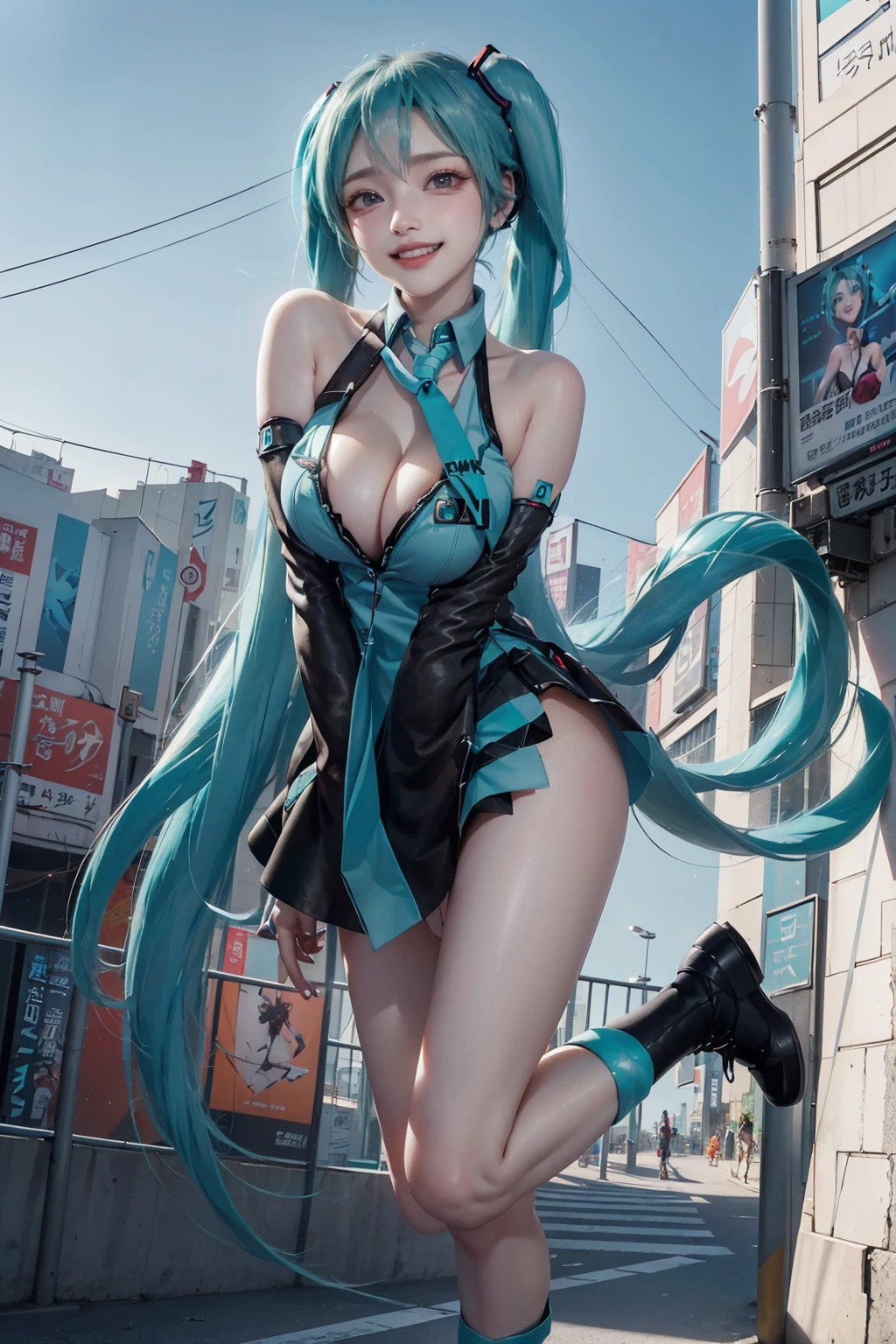 ((16K)),(masterpiece:1.3, Highest quality, Ultra-high resolution, Super detailed), (Realistic, photoRealistic:1.4), Perfect lighting, colorful, Depth of written boundary, Browsing Caution, Surrealism,Face Light,(( large breasts:1.4)),Beautiful detailed hair,((Beautiful eyelashes)), Beautifully detailed face, Beautiful fine details, Beautiful clavicle, Beautiful body, thin脚,Beautiful breasts, Beautiful feet, Beautiful Hands, Cleavage, Pointed Chest, thin, 1 girl, Perfect Face, Long eyelashes,Perfect Anatomy, Supermodel with a long neck,,((Skinny1.3)),looking at the camera,(Perfect Anatomy,Anatomically correct, Highly detailed skin), Shiny skin,((beautiful girl:1.1)), ((Cute smile:1.3)),(((hatsune miku))),Long twin-tailed ponytail, Light Tosca Hair and Eye Color (((Intense colors))), (((futuristic hatsune miku dress 1:1))),((Jump:1.3)),jump,Tokyo, filled with people crossing the streets. Tall buildings with colorful billboards and advertisements surround the intersection. Bright and lively atmosphere, clear skies, and a sense of movement and energy in the scene,View from the side,