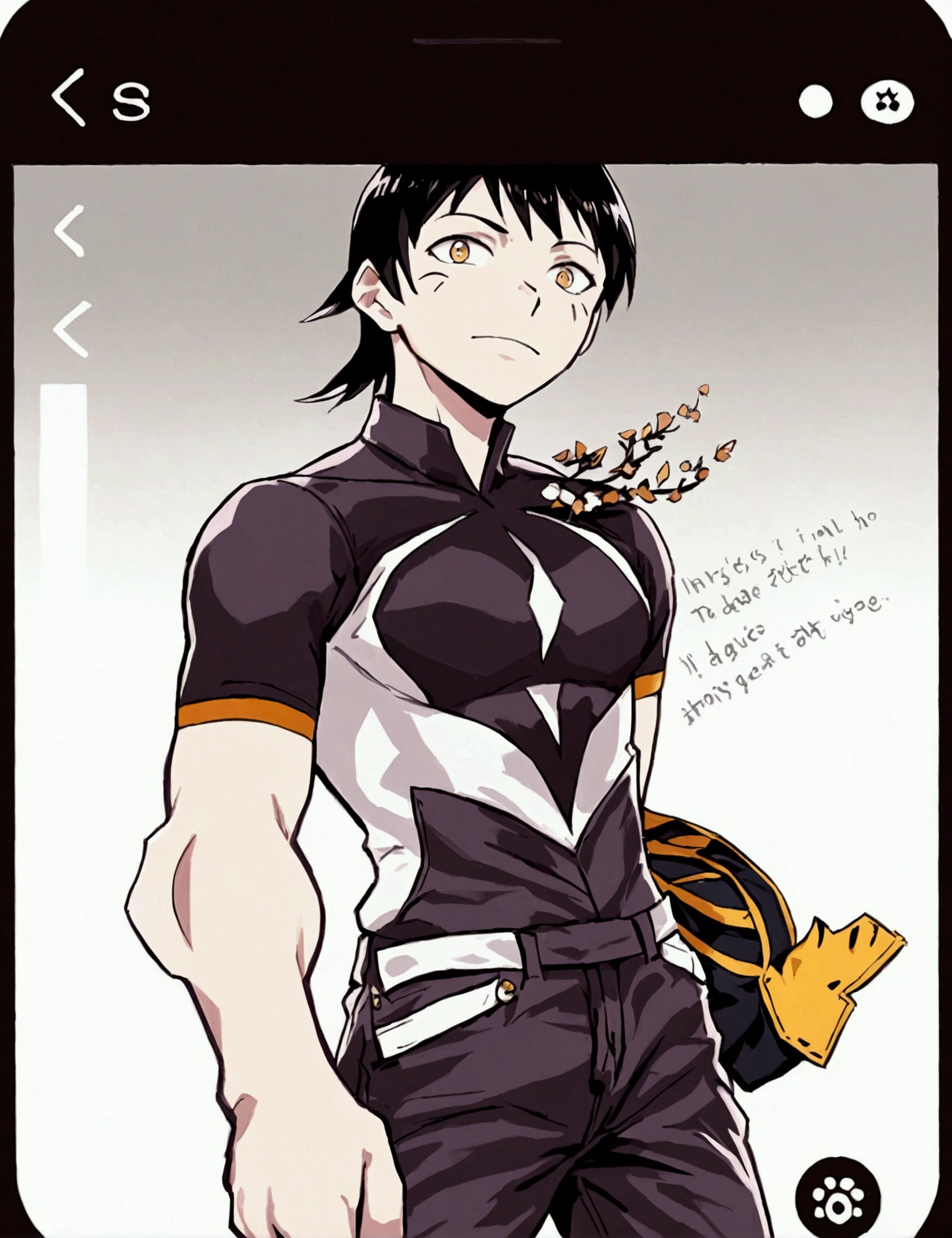 Sero is a tall and lean guy, with messy black hair that falls into his eyes. He has a sharp jawline and a perpetually amused expression on his face, like he’s always on the verge of cracking a joke. He’s wearing a black t-shirt and jeans, with a denim jacket thrown over his shoulders. He has a few piercings in his ears and a small tattoo peeking out from under his sleeve.*