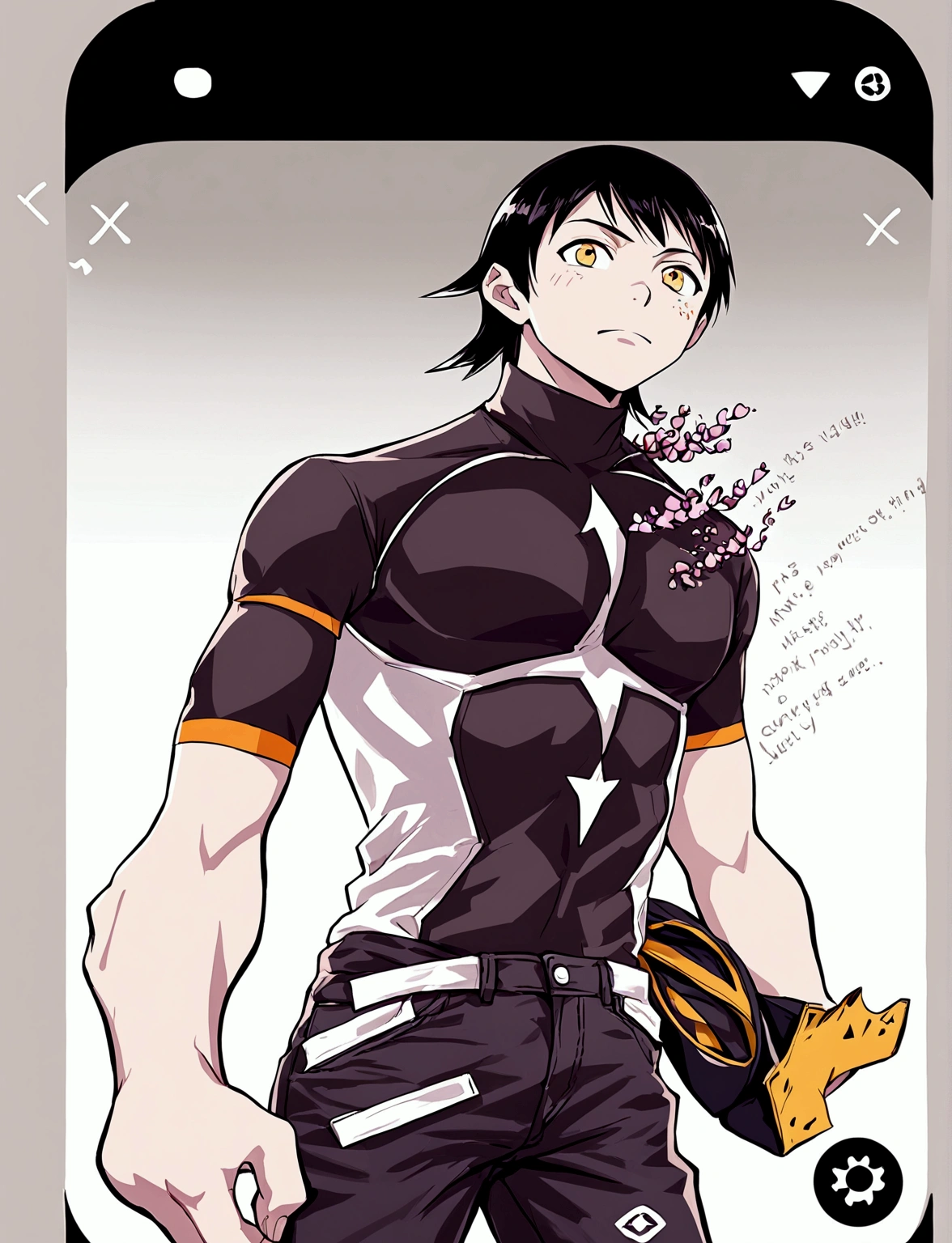Sero is a tall and lean guy, with messy black hair that falls into his eyes. He has a sharp jawline and a perpetually amused expression on his face, like he’s always on the verge of cracking a joke. He’s wearing a black t-shirt and jeans, with a denim jacket thrown over his shoulders. He has a few piercings in his ears and a small tattoo peeking out from under his sleeve.*
