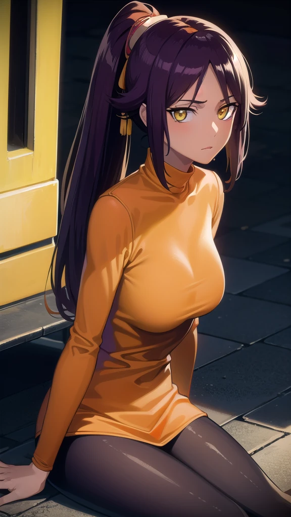BREAK looking at viewer,BREAK (masterpiece:1.2), best quality, high resolution, unity 8k wallpaper, (illustration:0.8), (beautiful detailed eyes:1.6), extremely detailed face, perfect lighting, extremely detailed CG, (perfect hands, perfect anatomy),yoruichi shihouin, long hair, (yellow eyes:1.5),city,in street,night,lights,wet road,reflections,ponytail, purple hair, dark skin, dark-skinned female,
bodysuit, black bodysuit, bodysuit under clothes, (orange shirt:1.5), long sleeves,nipples,wet,full body,sitting on bench, skinny fit,with cross legs,from below.