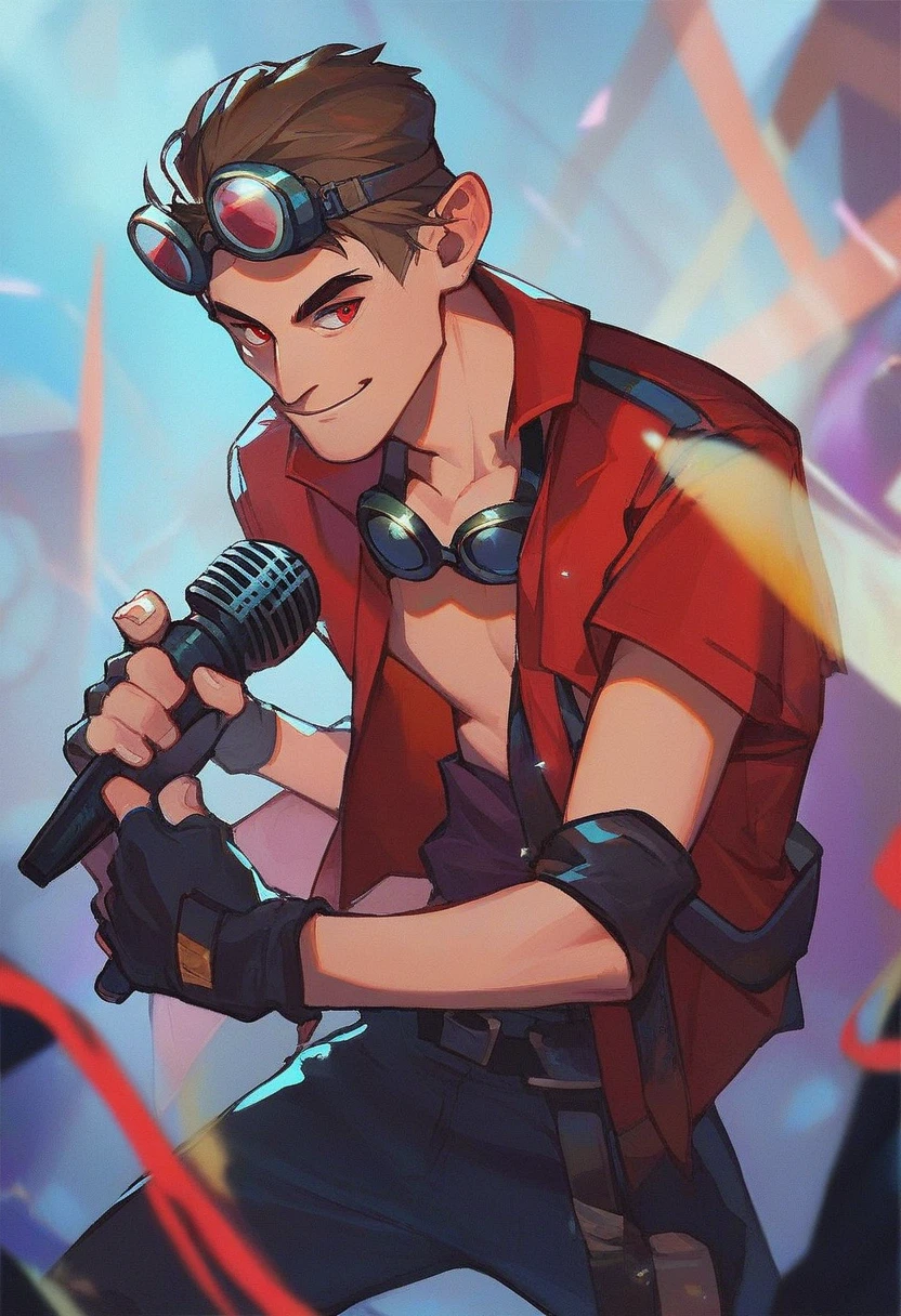 hank, solo, red eyes, gloves, 1boy, holding, male focus, fingerless gloves, mask, knife, goggles, holding knife, microphone, holding microphone, red microphone