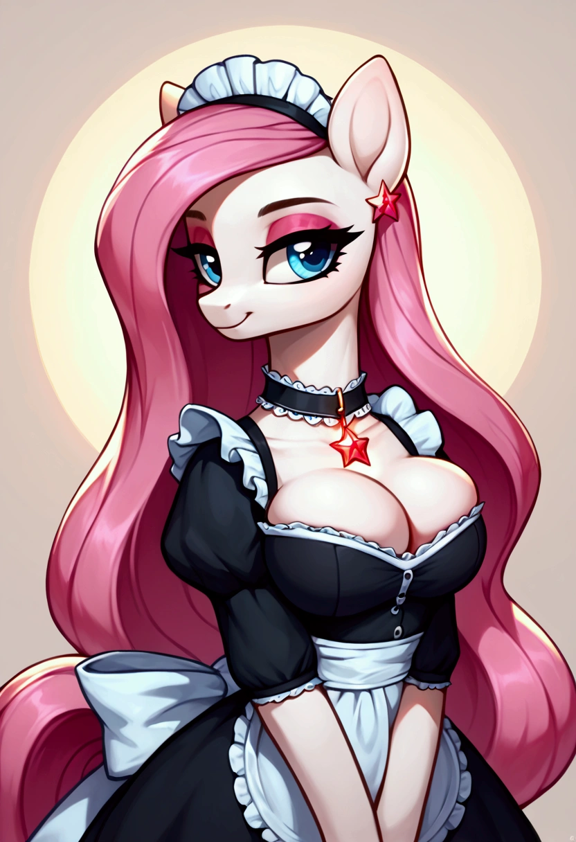 score_9,score_8_up,score_7_up,score_6_up, ((my little pony)), radiant lighting, vibrant colors, whimsical atmosphere, 8K, high resolution, highly detailed, masterpiece, ((brightness white body)), blue eyes, (maid costume), striped stockings, star pendant, earrings, eyeshadow, (very long pink hair:1.3), (((exciting escort:1.4))) huge overfilled round inflated Breast, , implants hyper-sized, (breast implants tissue expander) ( filling up)
