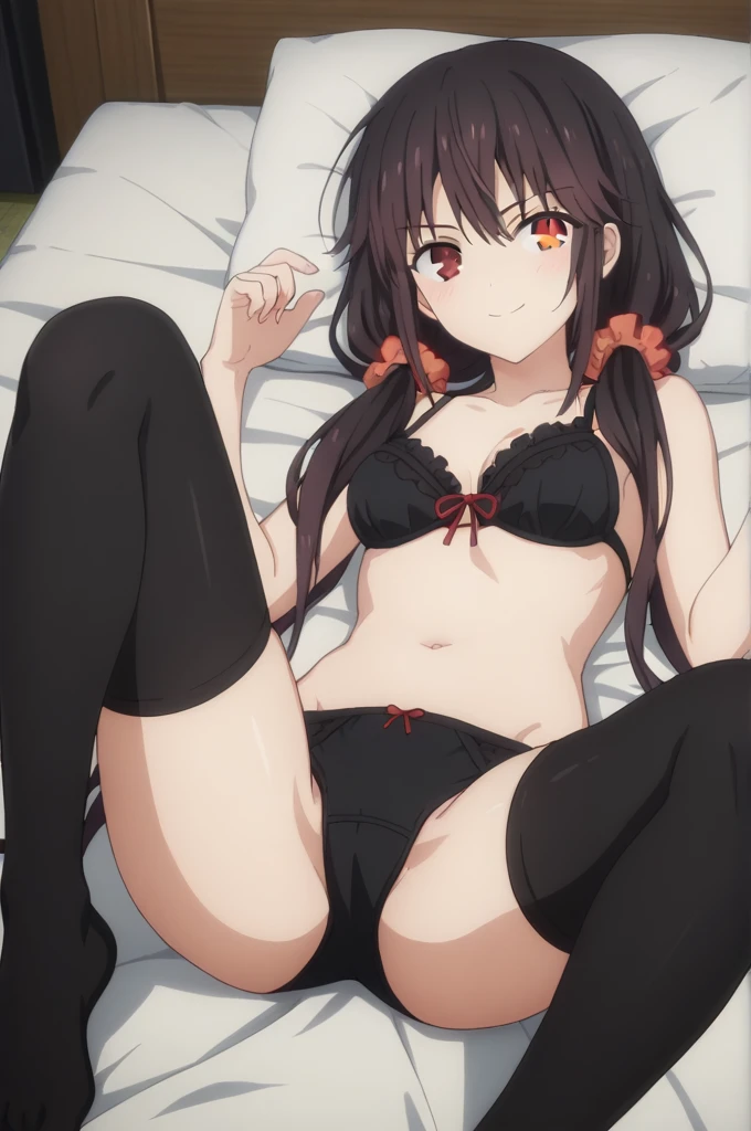 score_9, score_8_up, score_7_up, source_anime,
kurumitokisaki, kurumi tokisaki, black hair, golden right eye(clock eye), heterochromia and red eyes, long hair, (bunches)
bare shoulder, ribbon, Black bra, bikini, briefs, black bikini, twintails, low twintails, black silk leggings
indoors, outdoor, smile,
looking at viewer, solo, lying on the bed, legs apart,