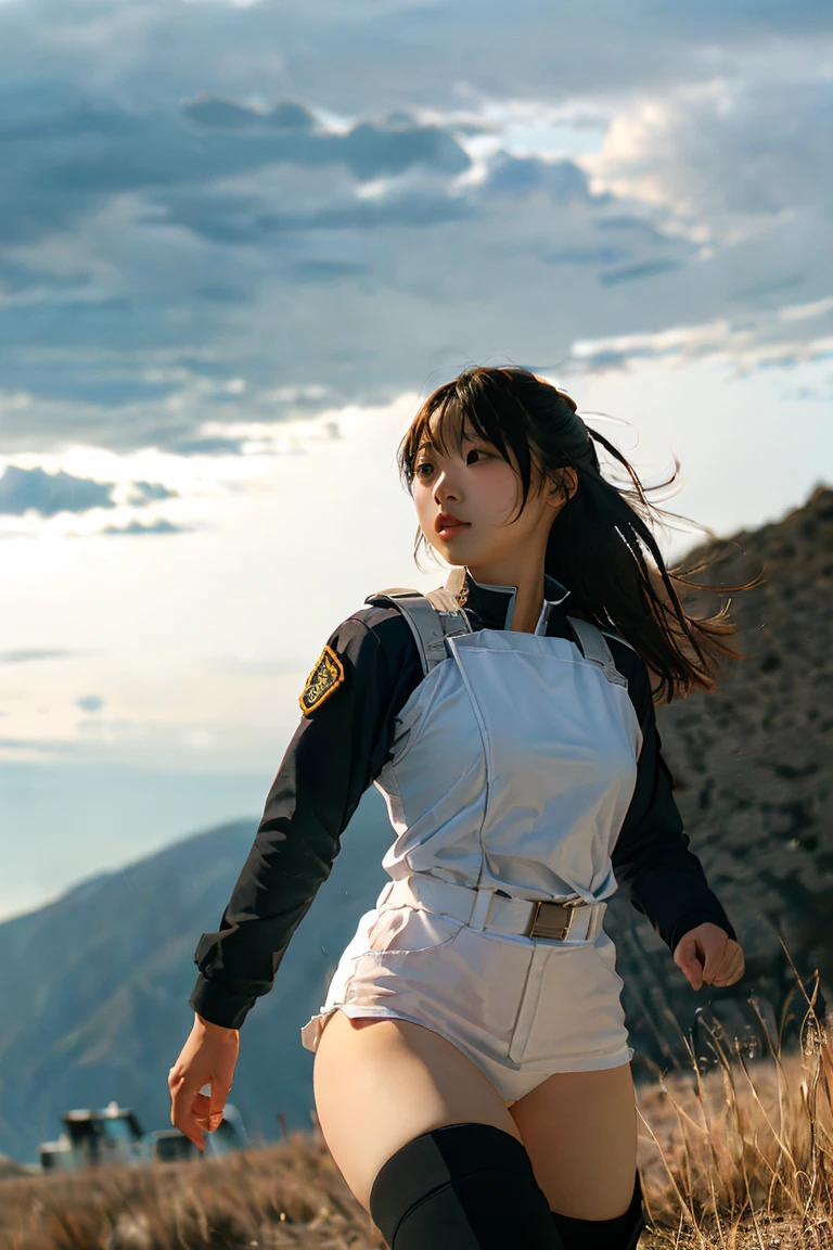 storm、A female soldier in combat uniform in the distance、