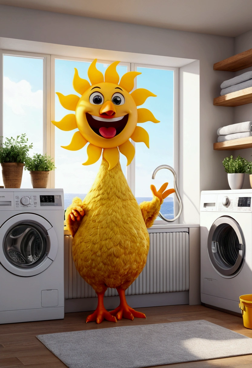 (design of character),Sun with enthusiasm and joy while standing in front of a washing machine, anthropomorphic sun, Mattresses are chickens, smiling, big shiny eyes, Fantastic,Eccentric,similar to a fairy tale, super detailing, pixel style, vibrant with colors, soft natural light, solid color backdrop, 5-octane rendering, a gorgeous, Ultra Wide Angle, 8k, high realism, 8k