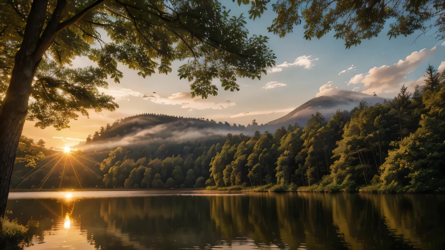 a beautiful and calm forest at sunset, a serene landscape with lush greenery, golden sunlight filtering through the trees, a tranquil lake reflecting the sky, a few deer grazing peacefully, (best quality,4k,8k,highres,masterpiece:1.2),ultra-detailed,(realistic,photorealistic,photo-realistic:1.37),landscape,cinematic lighting,warm color tones,dramatic shadows,detailed foliage,atmospheric haze,glowing sunset,still water,wildlife,detailed textures