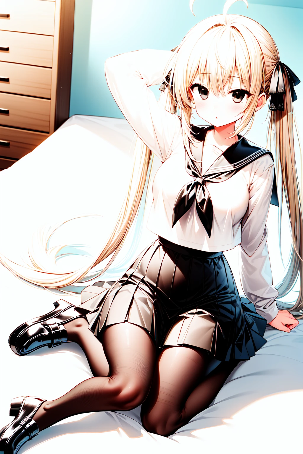 1girl,masterclass,best quality, illustration, solo, sora kasugano, ahoge, (black eyes:1.5), hair between eyes, hair ribbon, long hair, twintails, black ribbon, white hair, dress, long sleeves, white dress, long skirt, black footwear, black pantyhose, grey ribbon, grey skirt, loafers, long sleeves, miniskirt, pantyhose, pleated skirt, sailor collar, , serafuku, shoes, skirt, white sailor collar, white serafuku, maebari, pasties, closed mouth, ;o, one eyes closed,on bed,(blush:1.2), large breasts, sitting, wariza, thigh gap, arm up, arm behind head